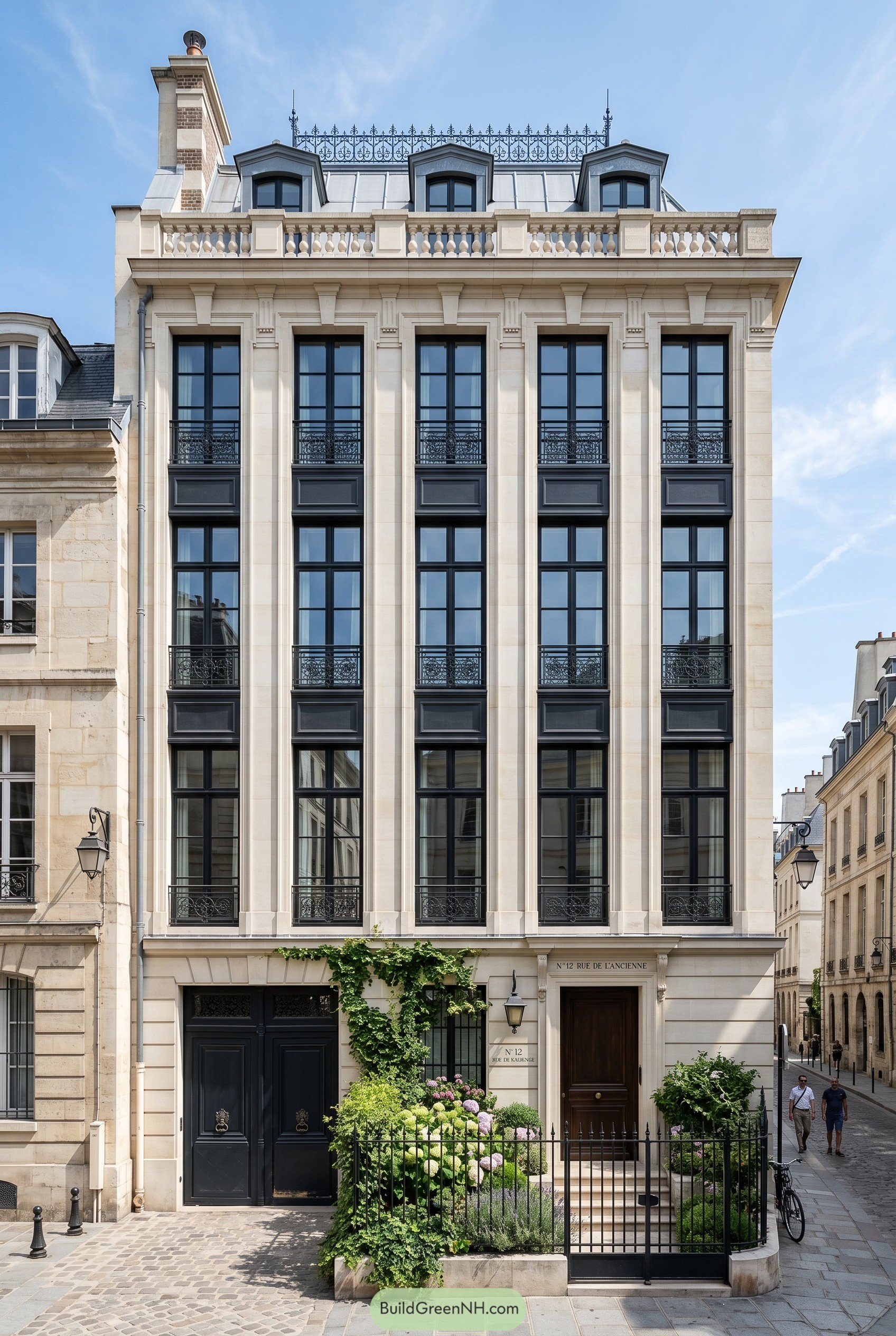 Cream stone townhouse with tall black windows