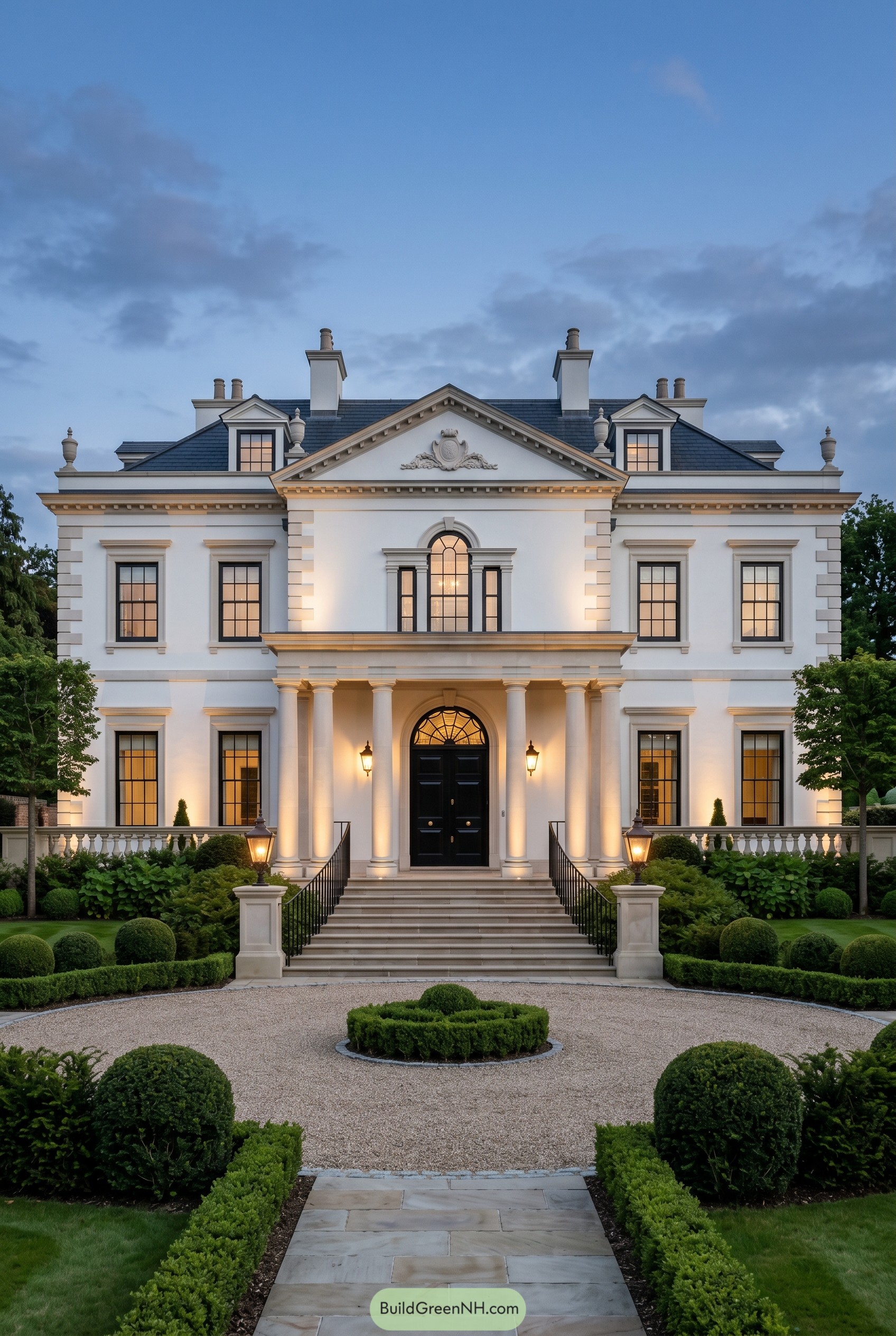 Symmetrical white neoclassical villa with grand portico