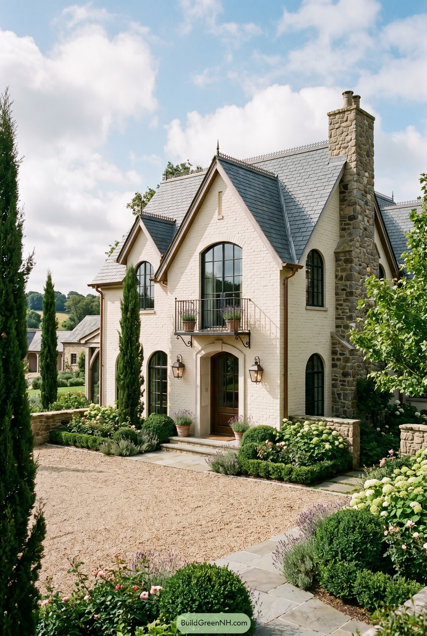 Cream brick villa with steep gables and stone chimney