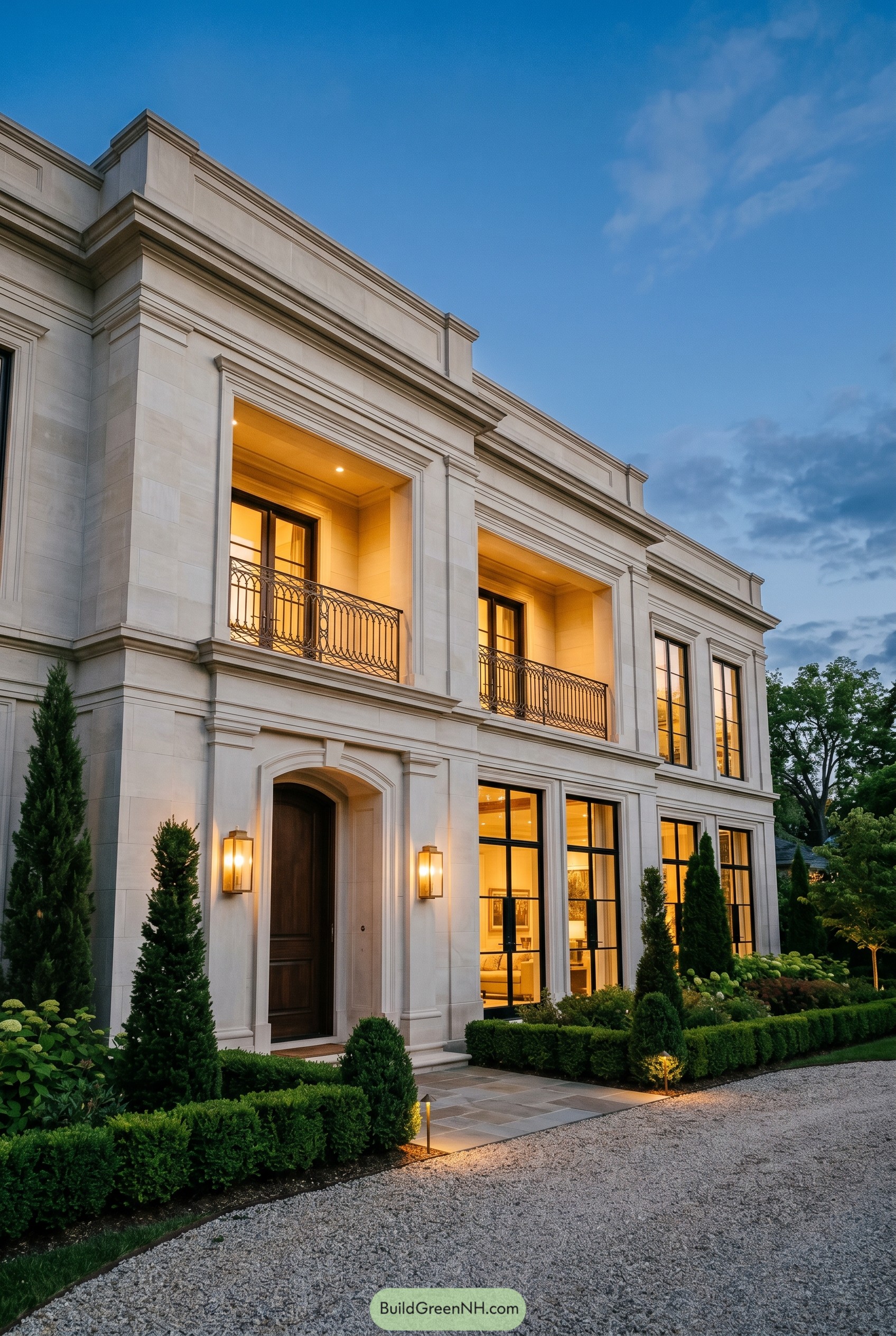 Cream stone villa with recessed iron balconies