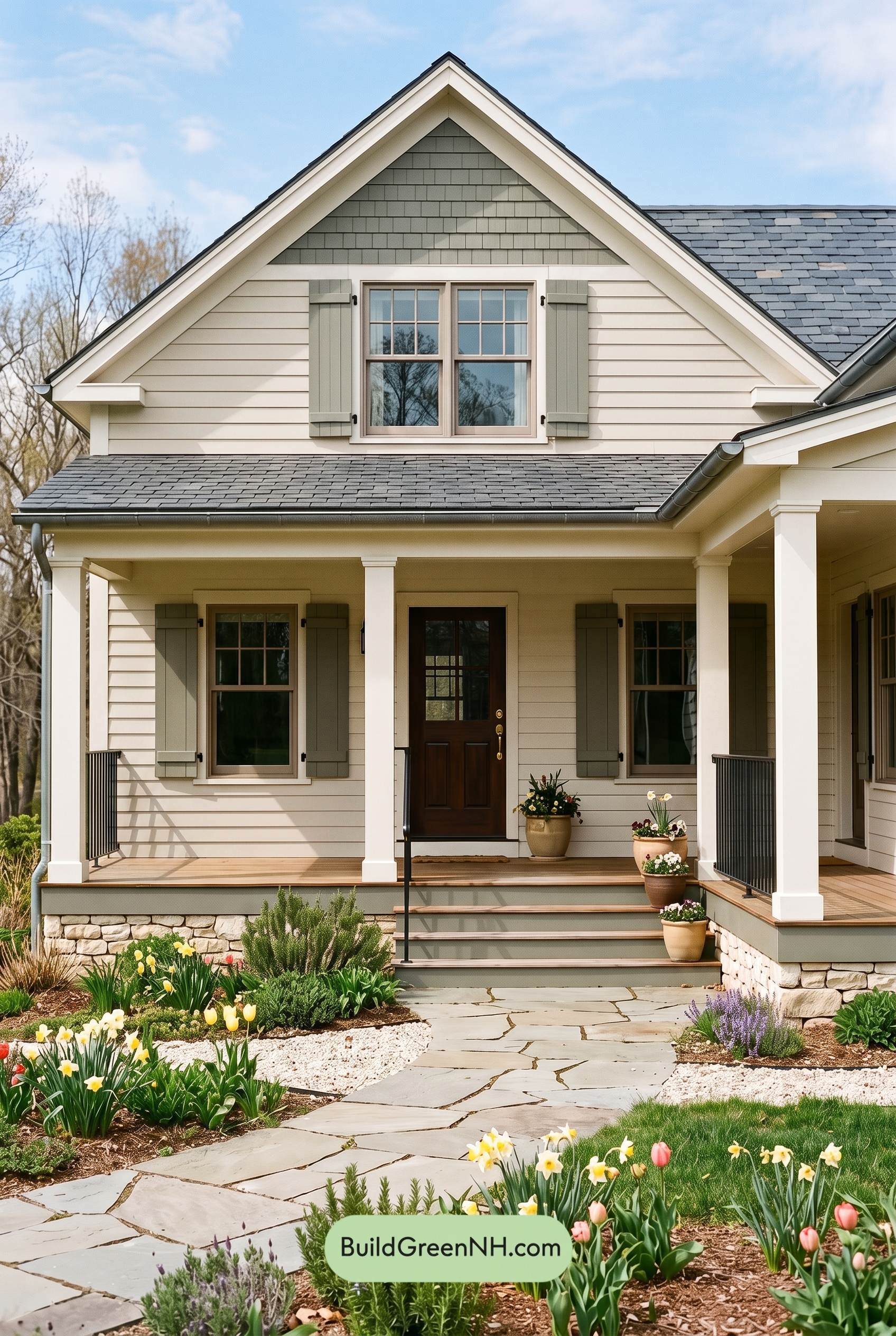 Off White Farmhouse Exterior Color Scheme: Almond Slate Porch