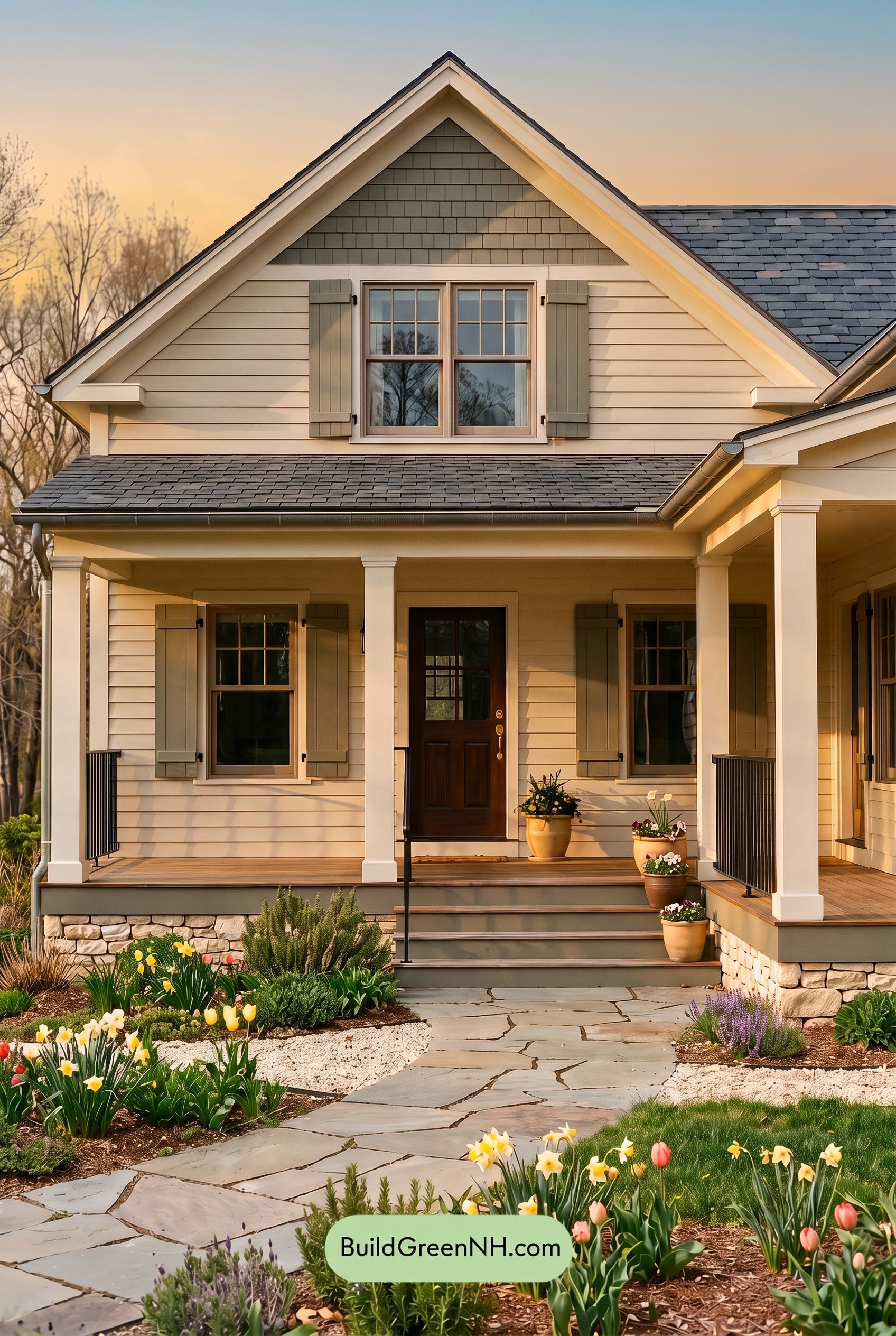 Off White Farmhouse Exterior Color Scheme: Almond Slate Porch - Golden Hour