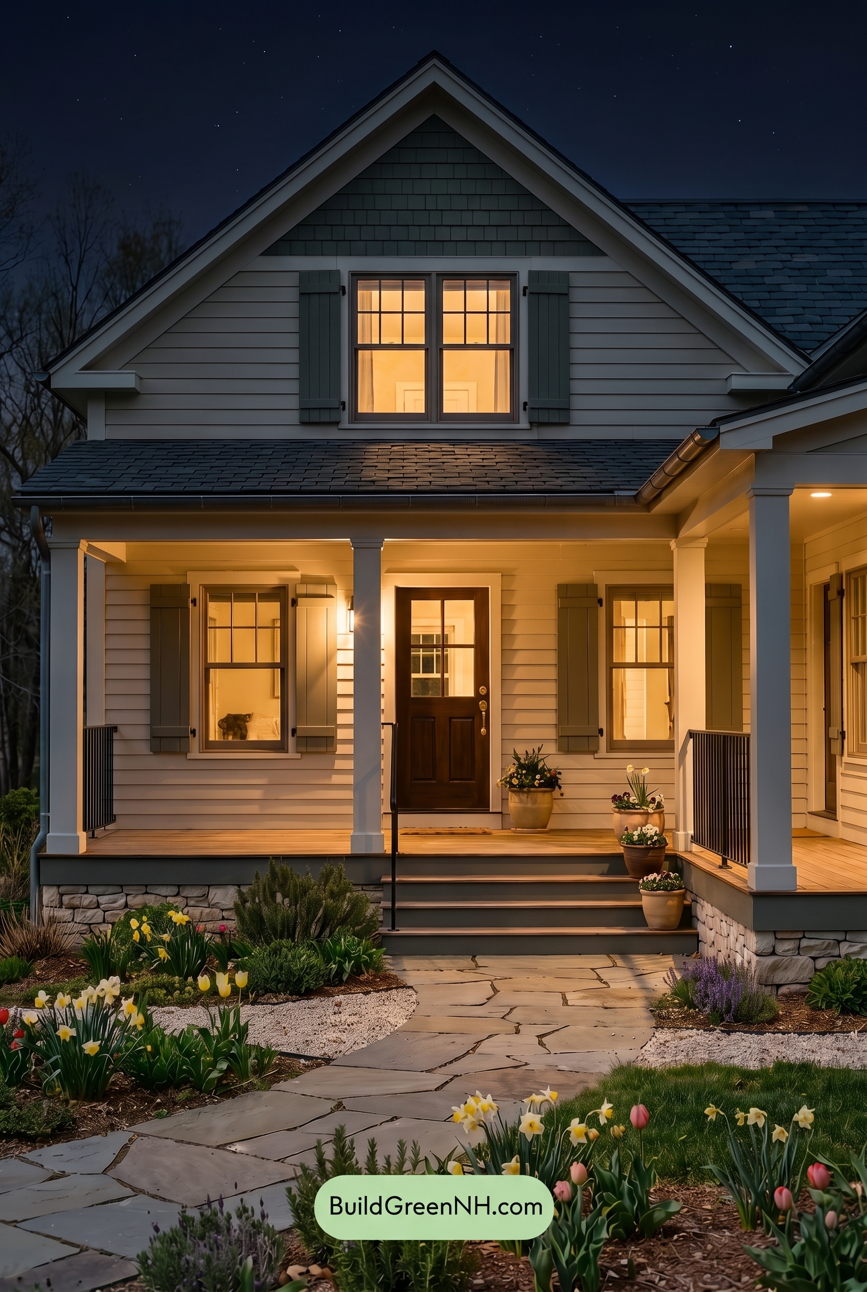 Off White Farmhouse Exterior Color Scheme: Almond Slate Porch - Nighttime