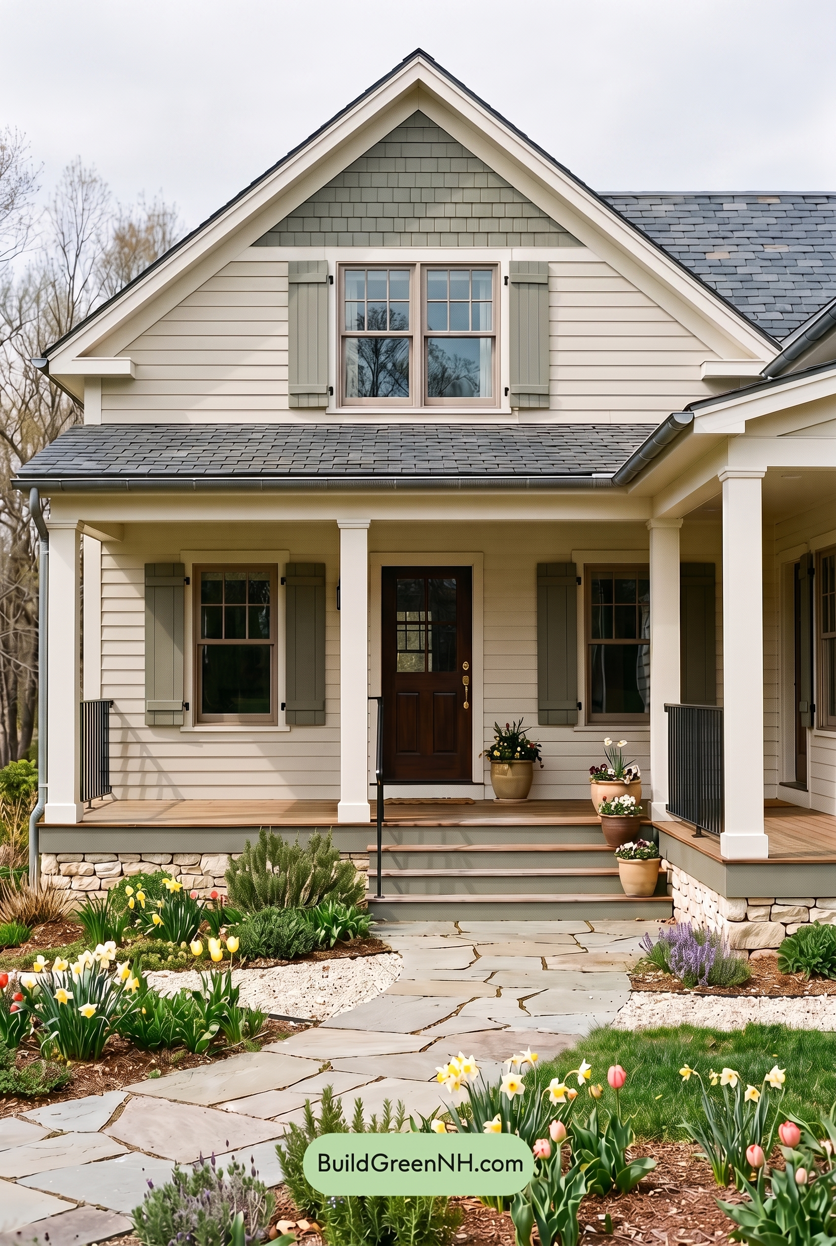 Off White Farmhouse Exterior Color Scheme: Almond Slate Porch - Overcast