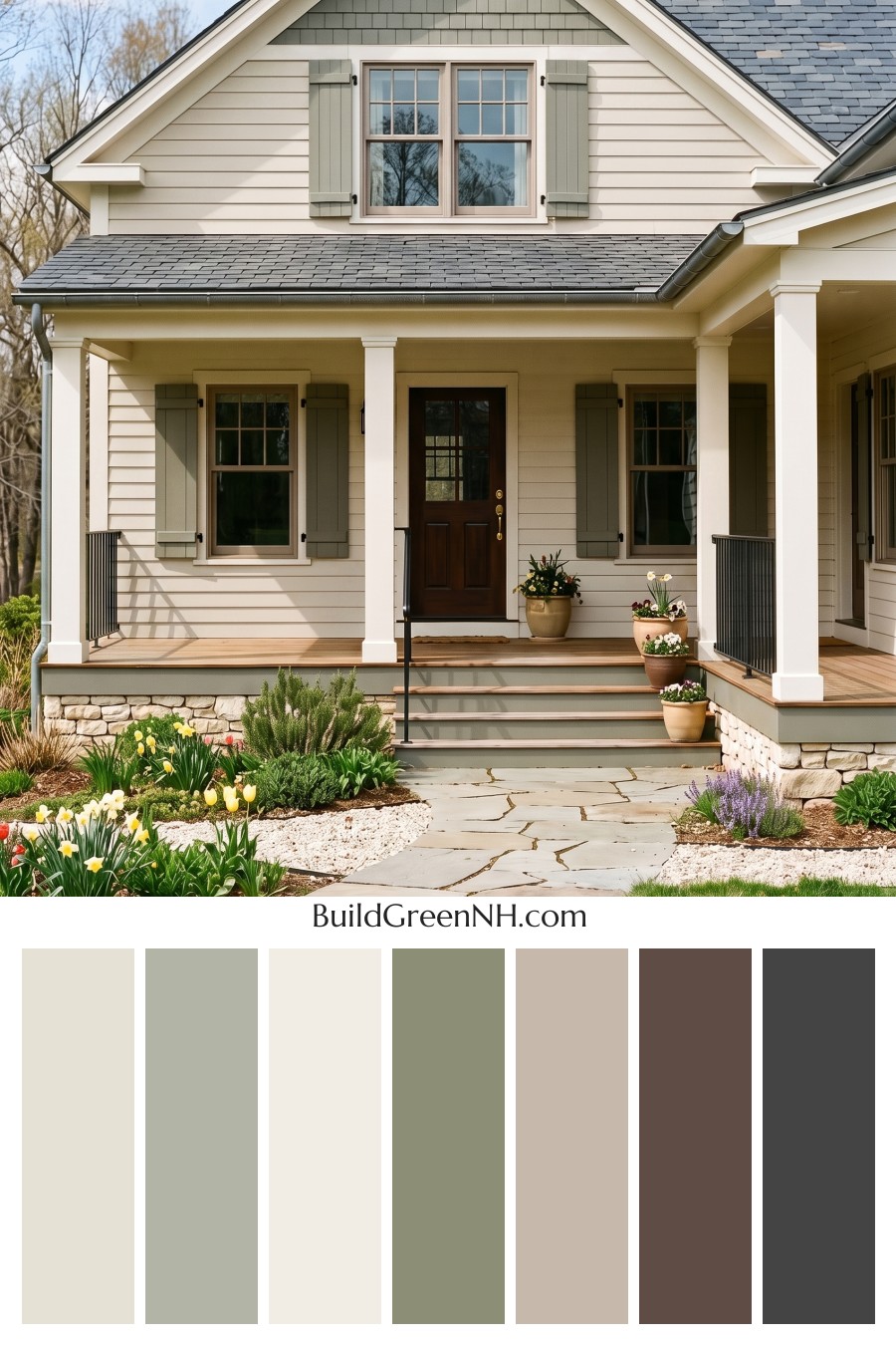 Off White Farmhouse Exterior Color Scheme: Almond Slate Porch