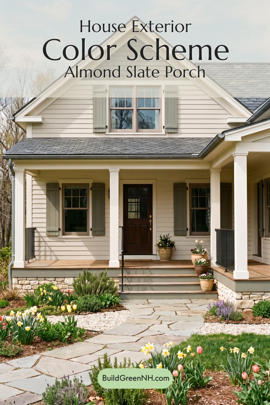 Off White Farmhouse Exterior Color Scheme: Almond Slate Porch