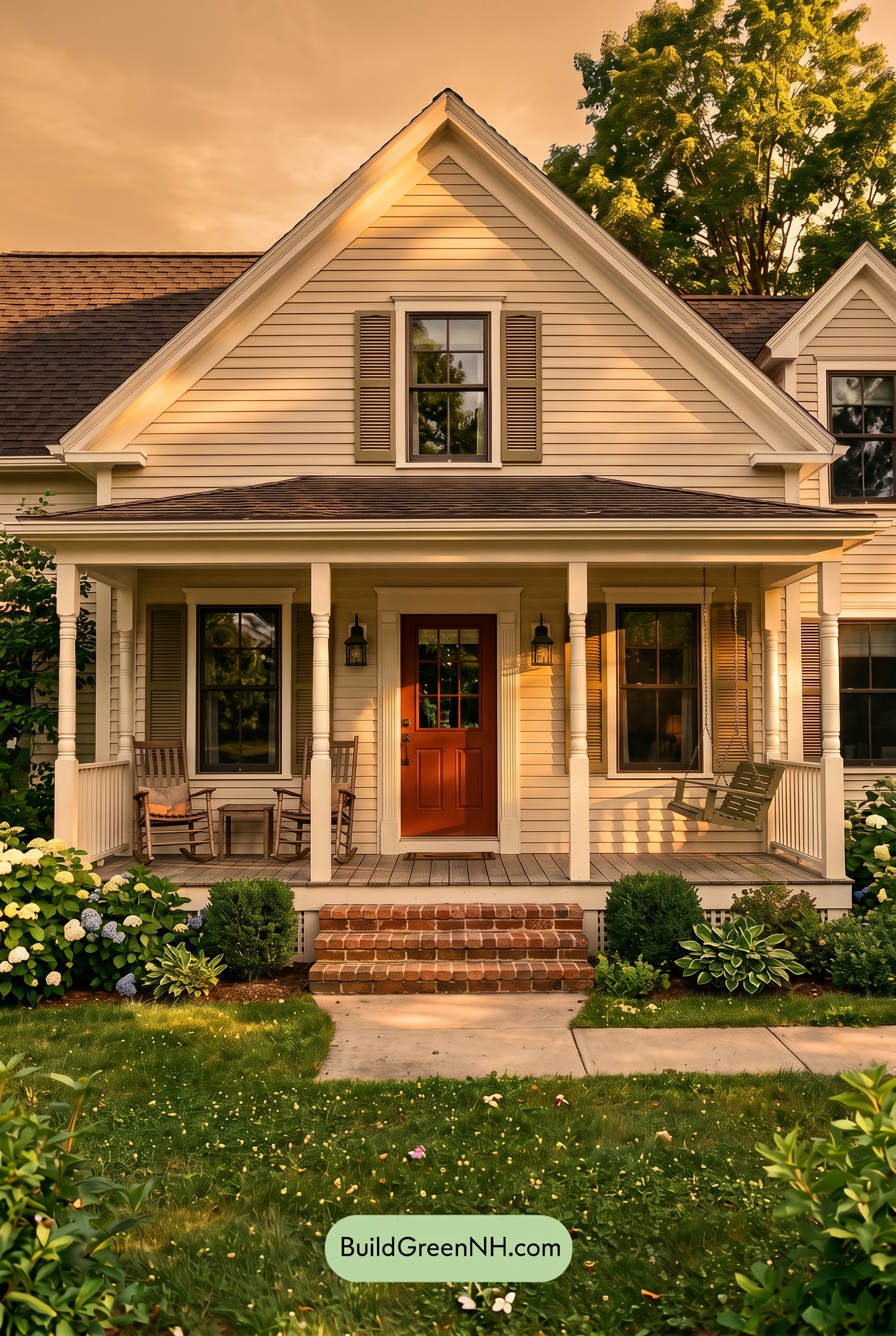 Off White Farmhouse Exterior Color Scheme: Bone Olive Hearth - Golden Hour