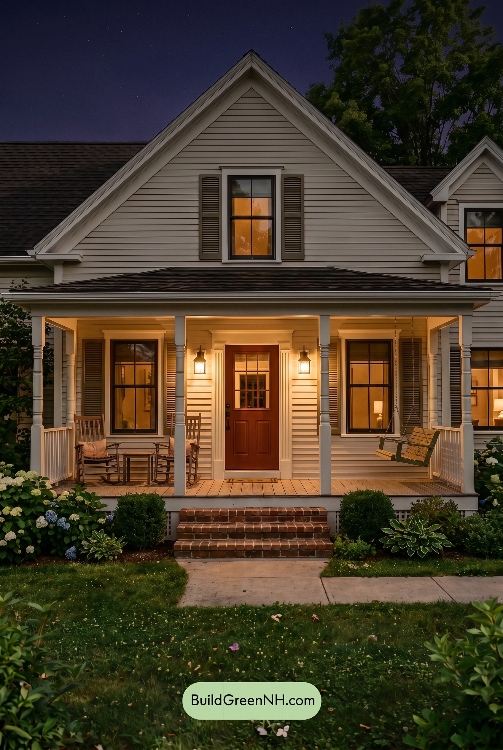 Off White Farmhouse Exterior Color Scheme: Bone Olive Hearth - Nighttime