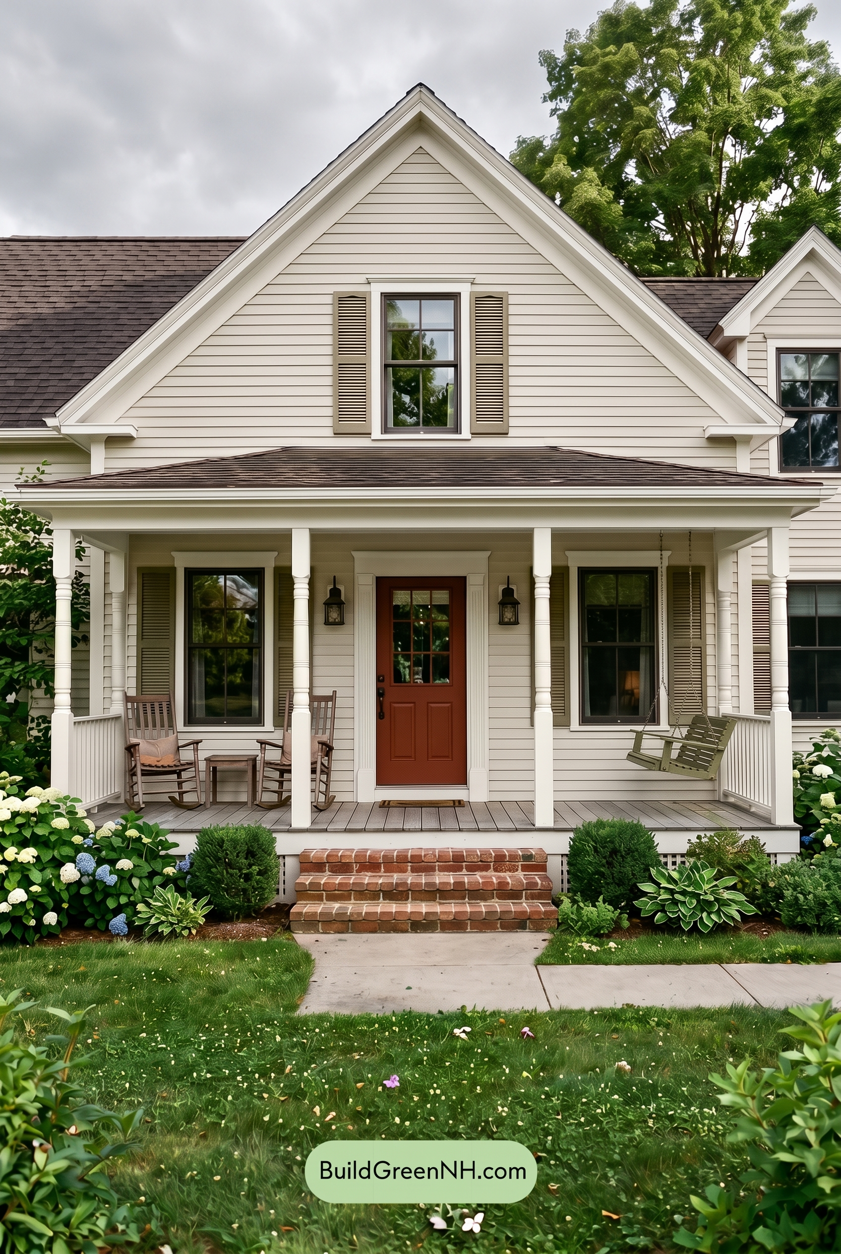 Off White Farmhouse Exterior Color Scheme: Bone Olive Hearth - Overcast