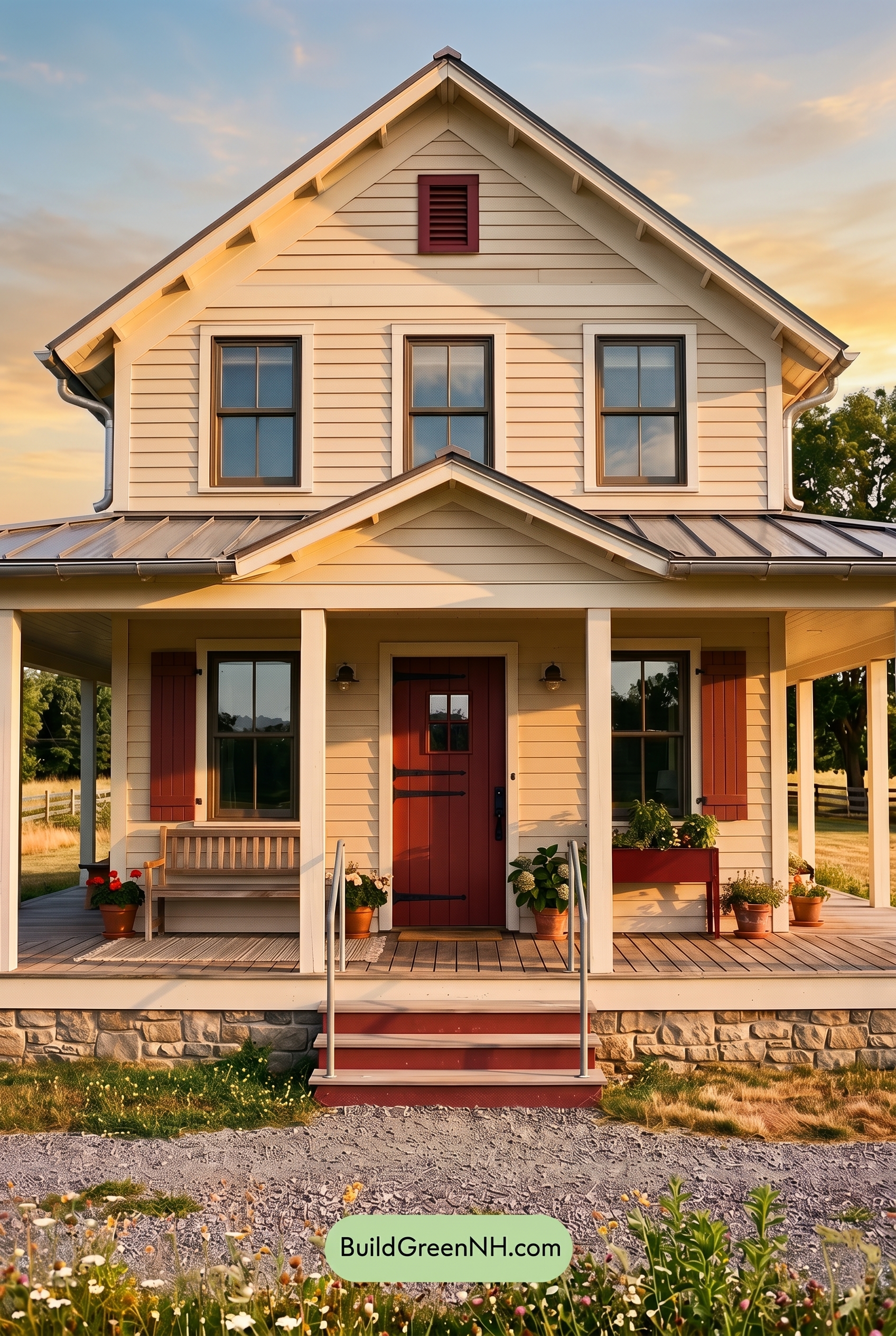 Off White Farmhouse Exterior Color Scheme: Bone White Claret - Golden Hour