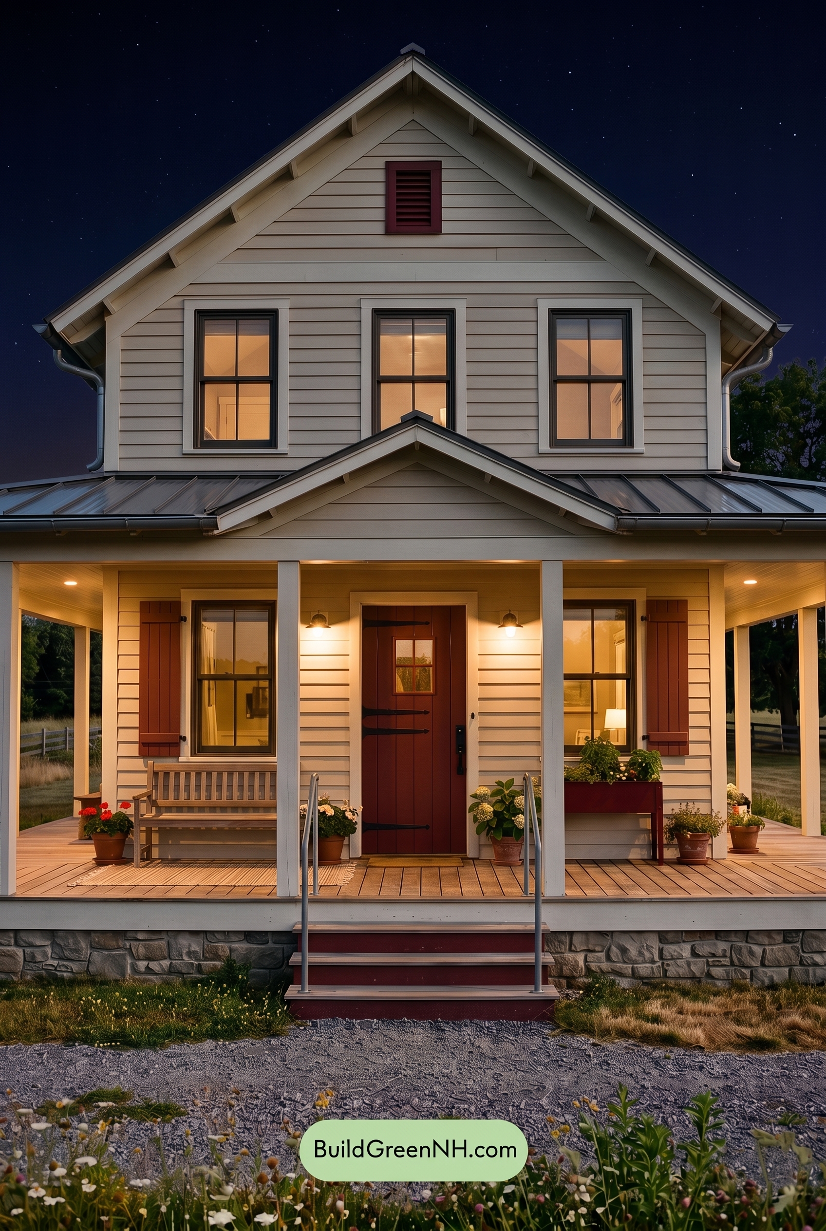 Off White Farmhouse Exterior Color Scheme: Bone White Claret - Nighttime