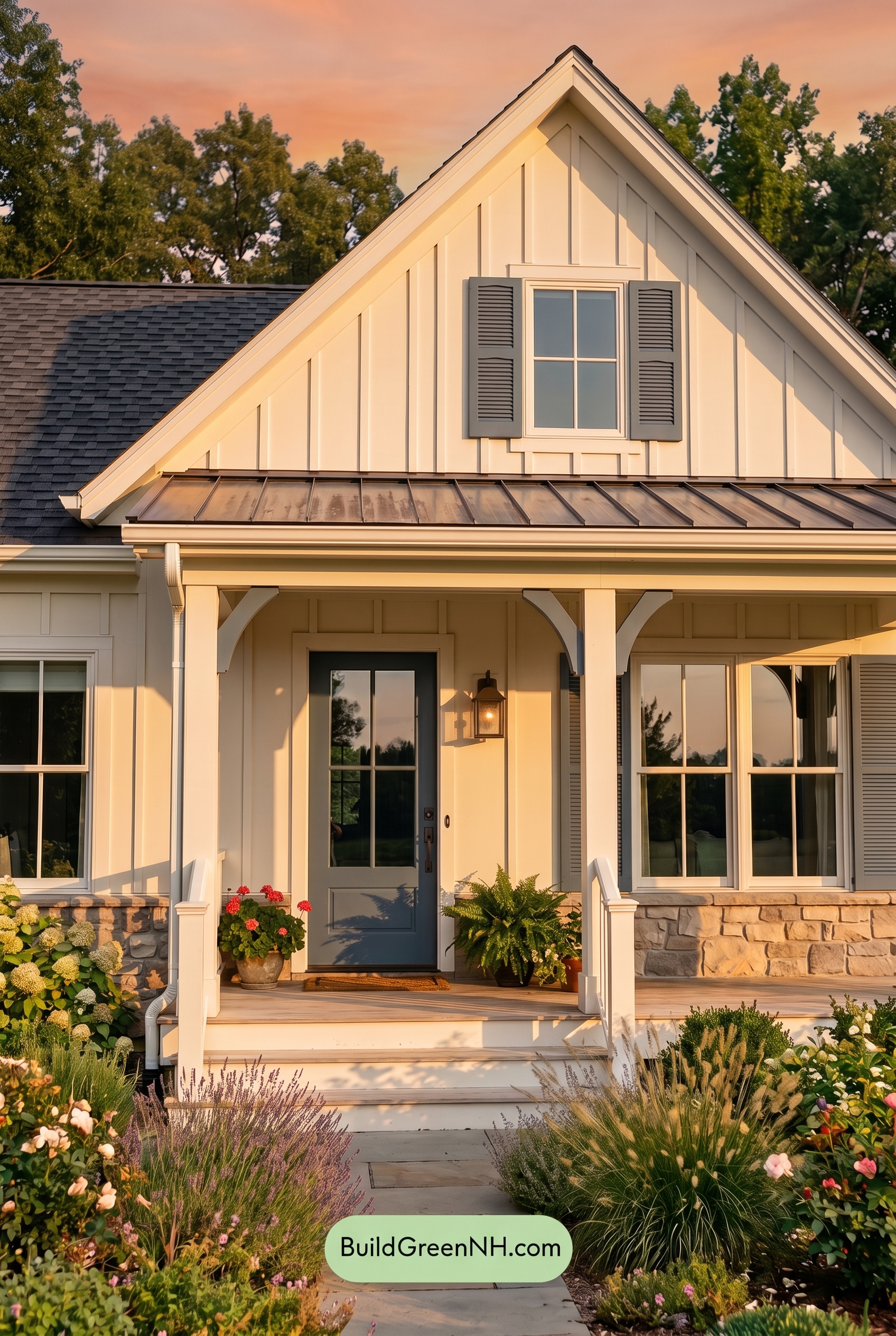 Off White Farmhouse Exterior Color Scheme: Chalk Blue Haven - Golden Hour