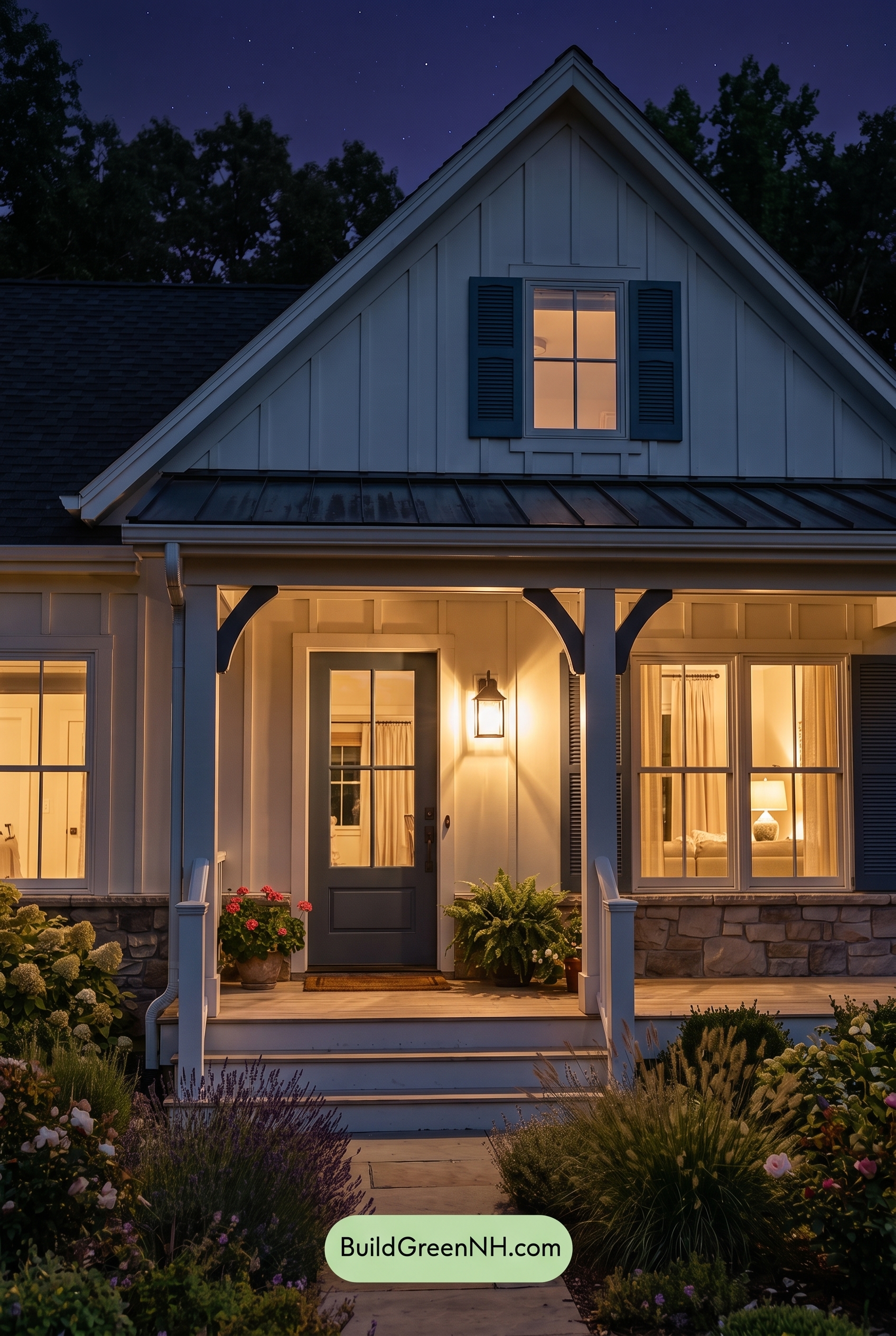 Off White Farmhouse Exterior Color Scheme: Chalk Blue Haven - Nighttime