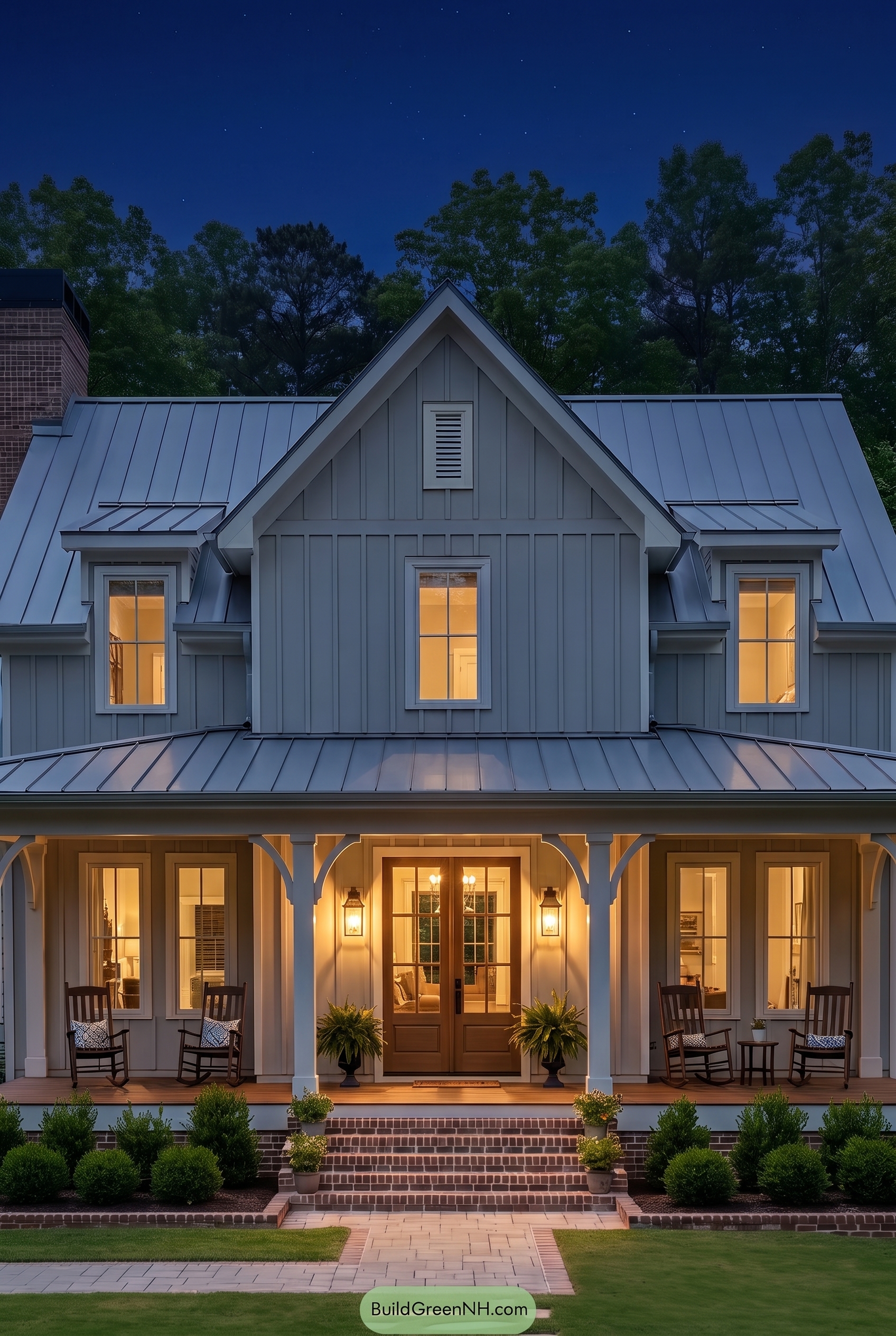 Off White Farmhouse Exterior Color Scheme: Classic Off White Farmhouse - Nighttime