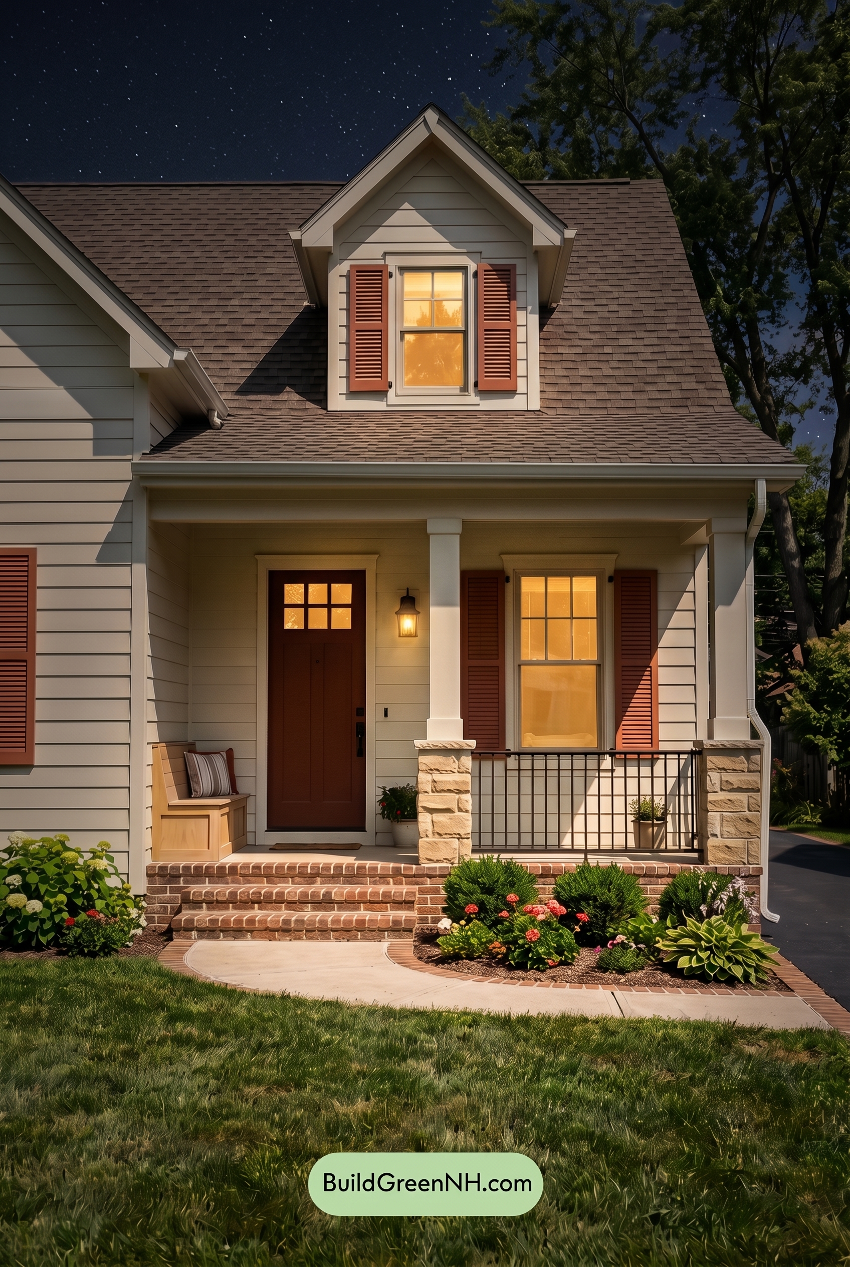Off White Farmhouse Exterior Color Scheme: Cream Clay Charm - Nighttime