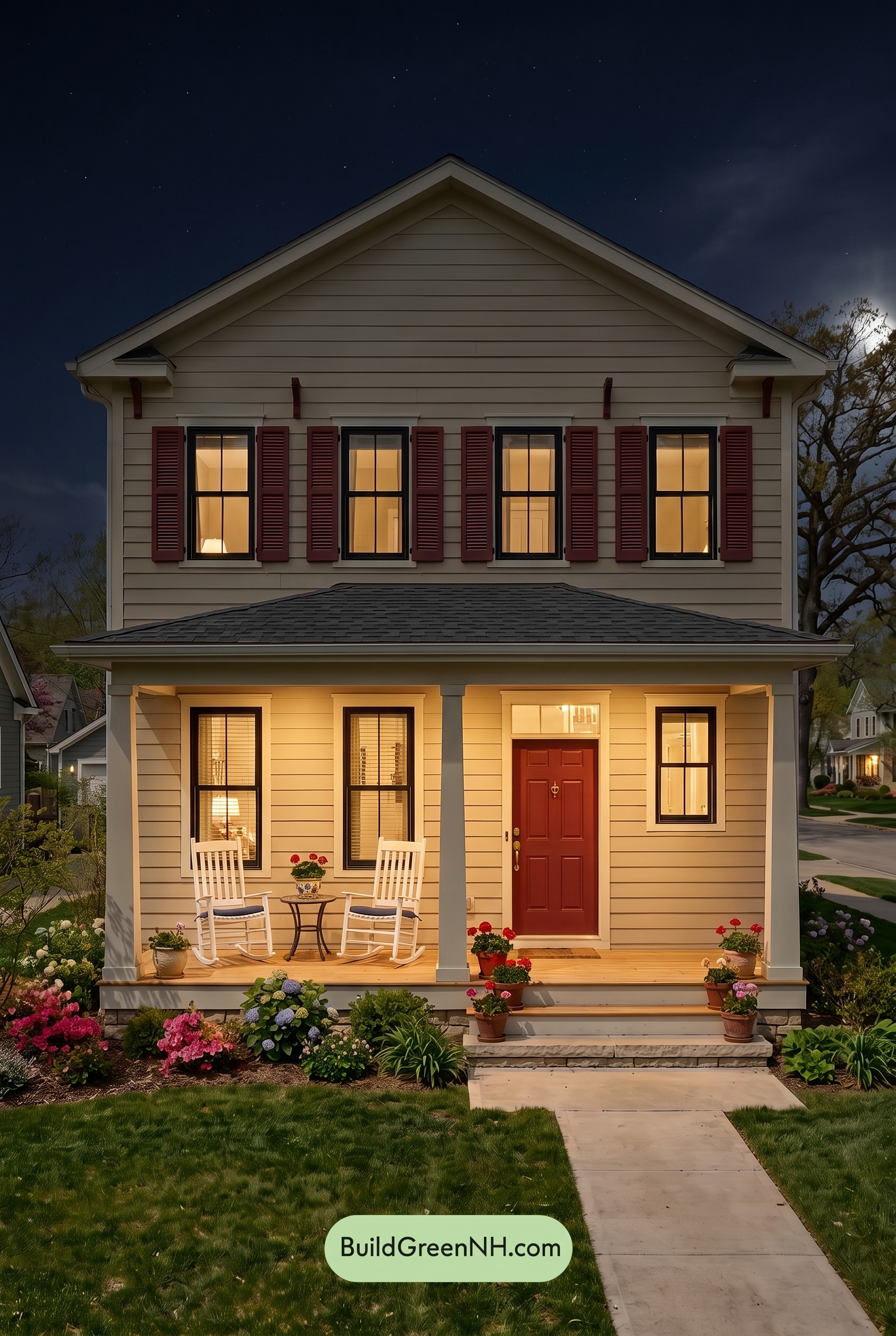 Off White Farmhouse Exterior Color Scheme: Creamy White Cardinal - Nighttime