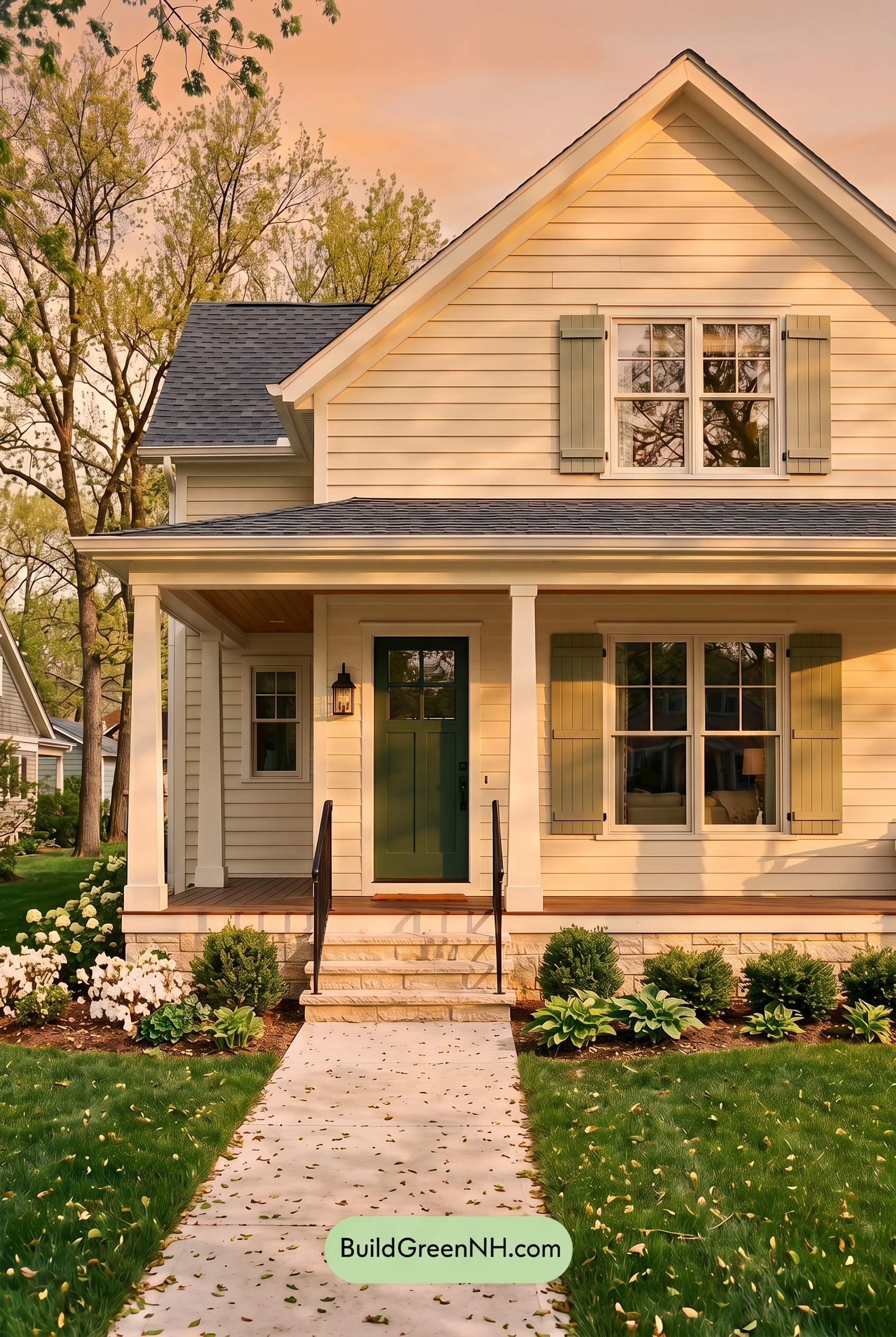 Off White Farmhouse Exterior Color Scheme: Ivory Sage Welcome - Golden Hour