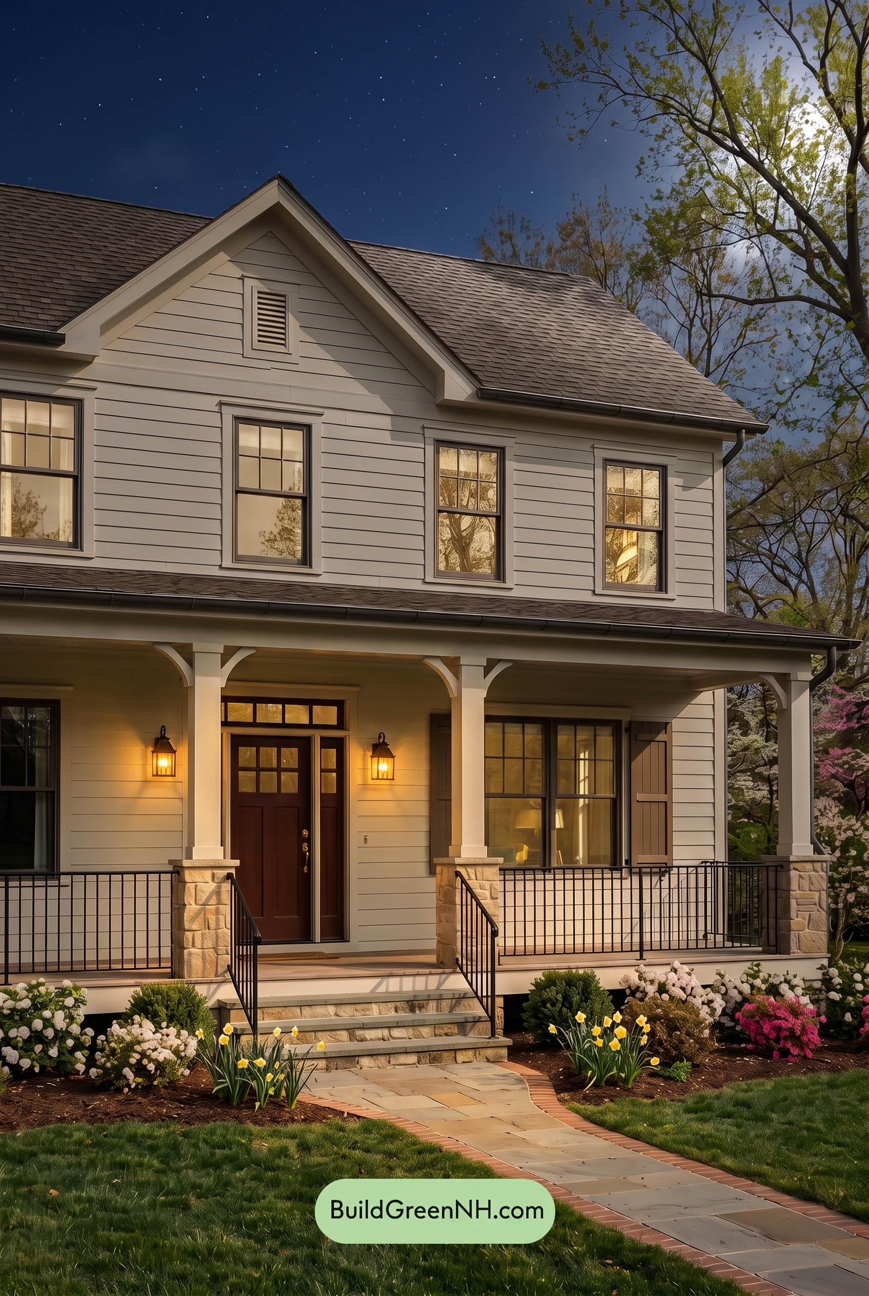 Off White Farmhouse Exterior Color Scheme: Linen Umber Welcome - Nighttime