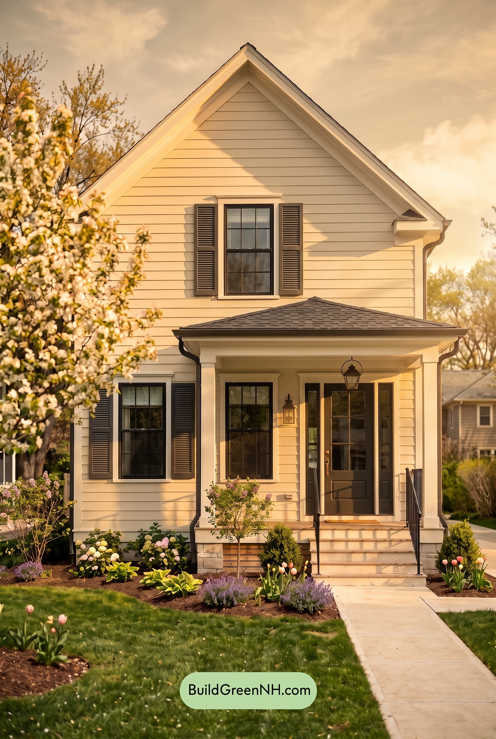 Off White Farmhouse Exterior Color Scheme: Milk Glass Graphite - Golden Hour