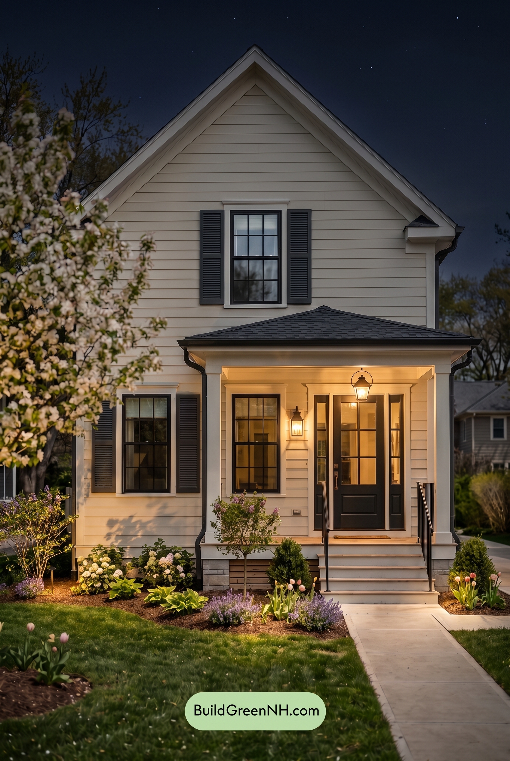 Off White Farmhouse Exterior Color Scheme: Milk Glass Graphite - Nighttime
