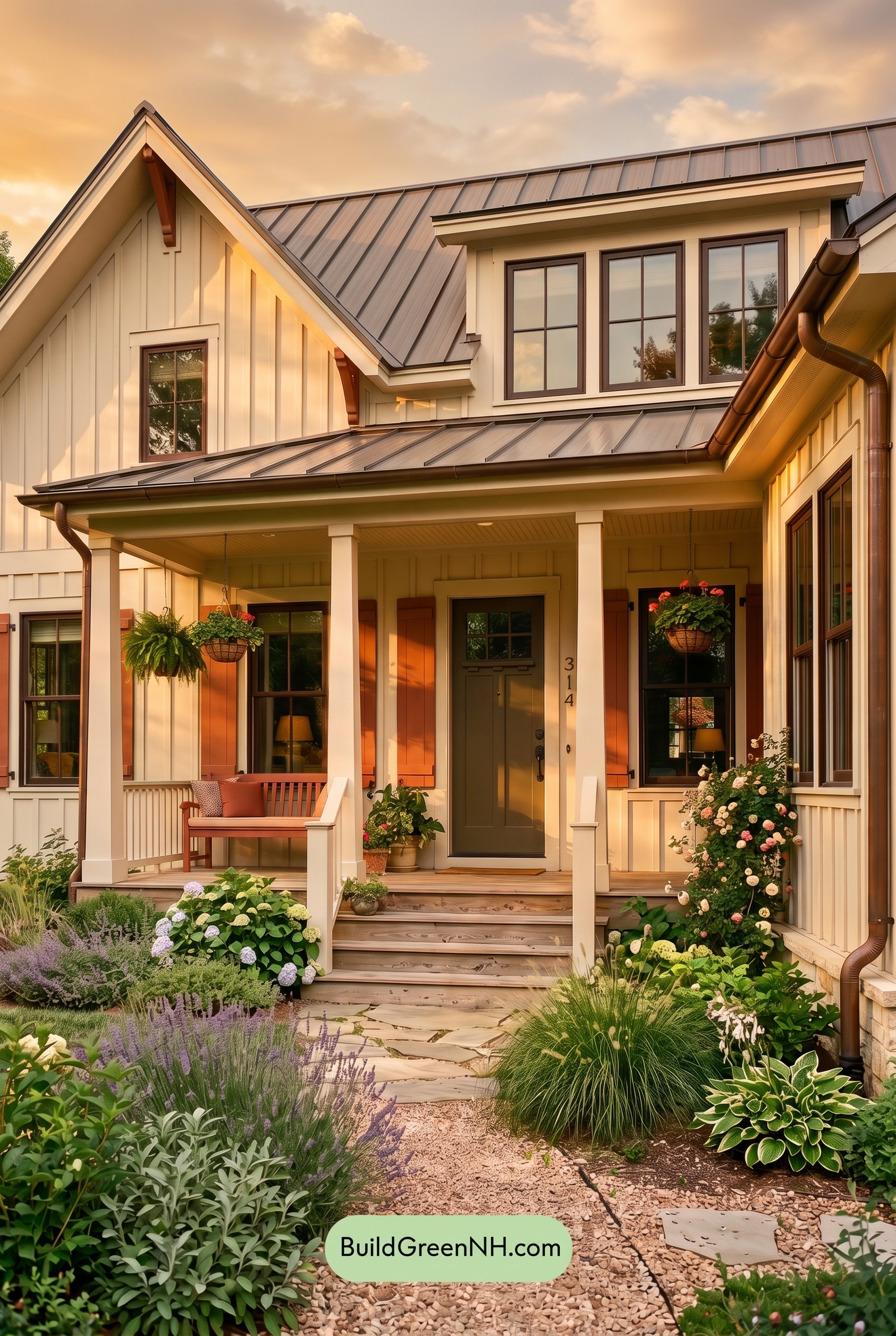 Off White Farmhouse Exterior Color Scheme: Oyster Rust Retreat - Golden Hour