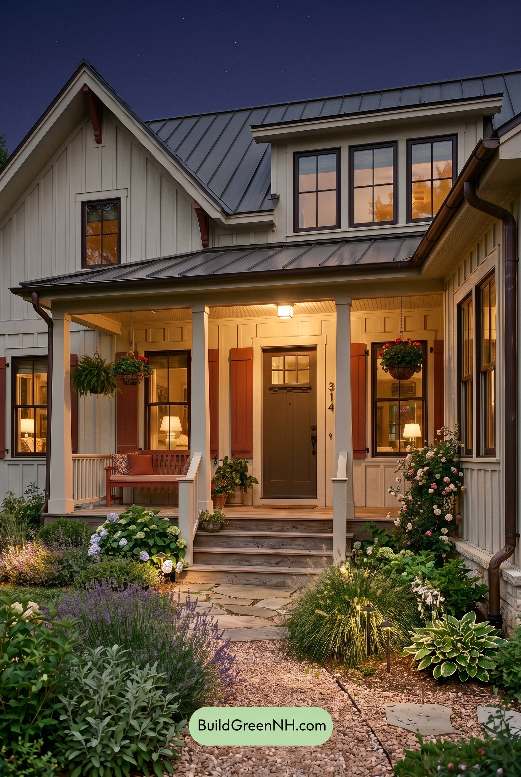 Off White Farmhouse Exterior Color Scheme: Oyster Rust Retreat - Nighttime
