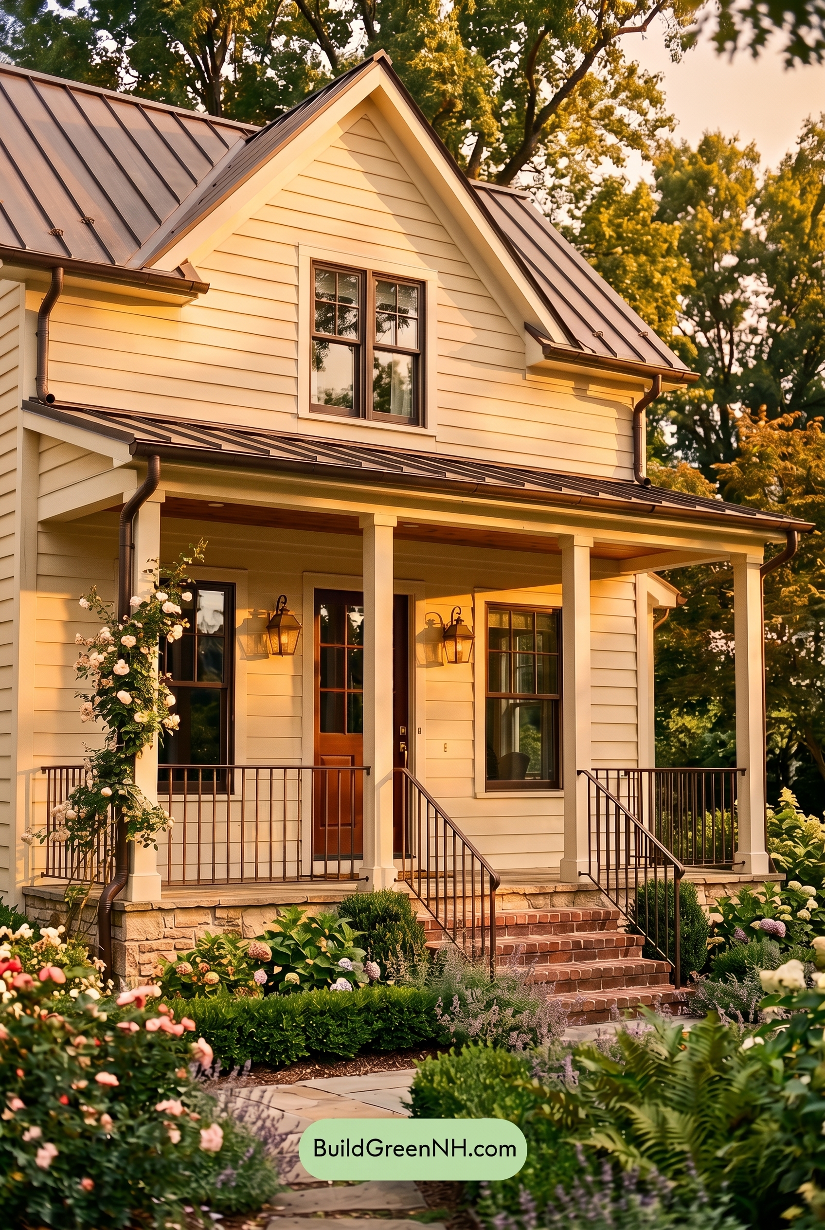 Off White Farmhouse Exterior Color Scheme: Parchment Iron Glow - Golden Hour