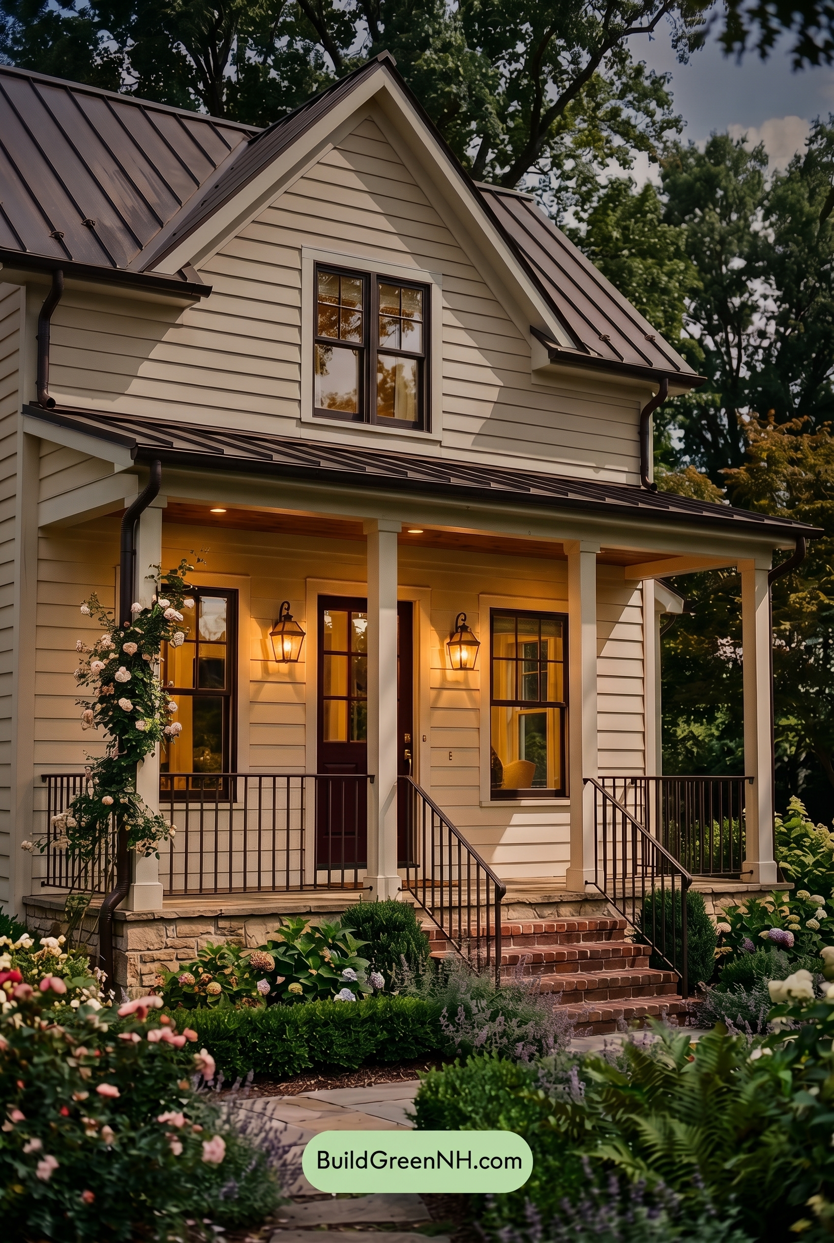 Off White Farmhouse Exterior Color Scheme: Parchment Iron Glow - Nighttime