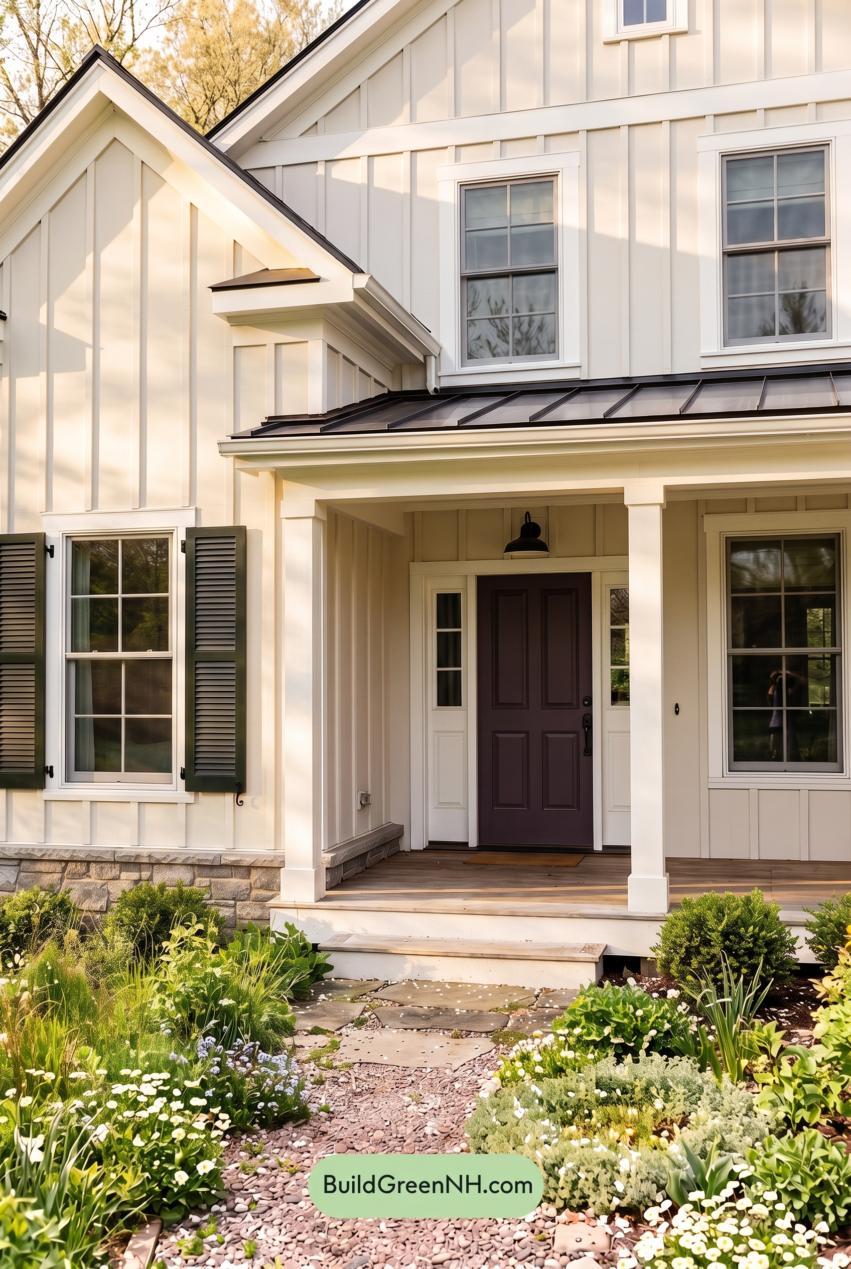 Off White Farmhouse Exterior Color Scheme: Pearl Black Meadow - Golden Hour