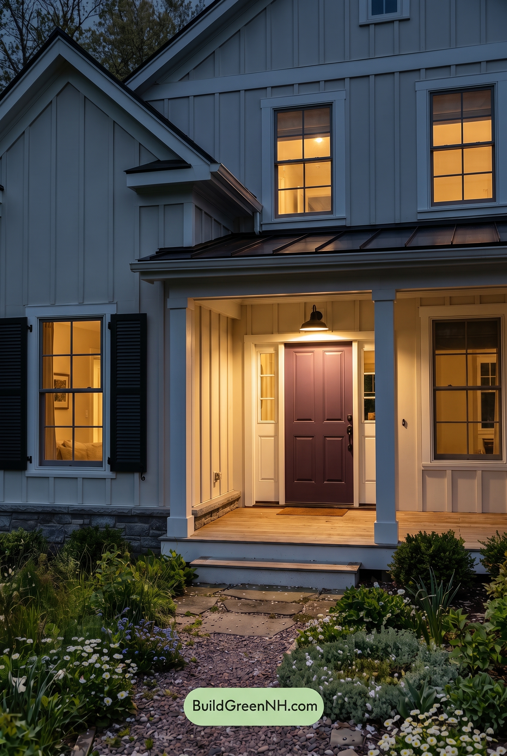 Off White Farmhouse Exterior Color Scheme: Pearl Black Meadow - Nighttime