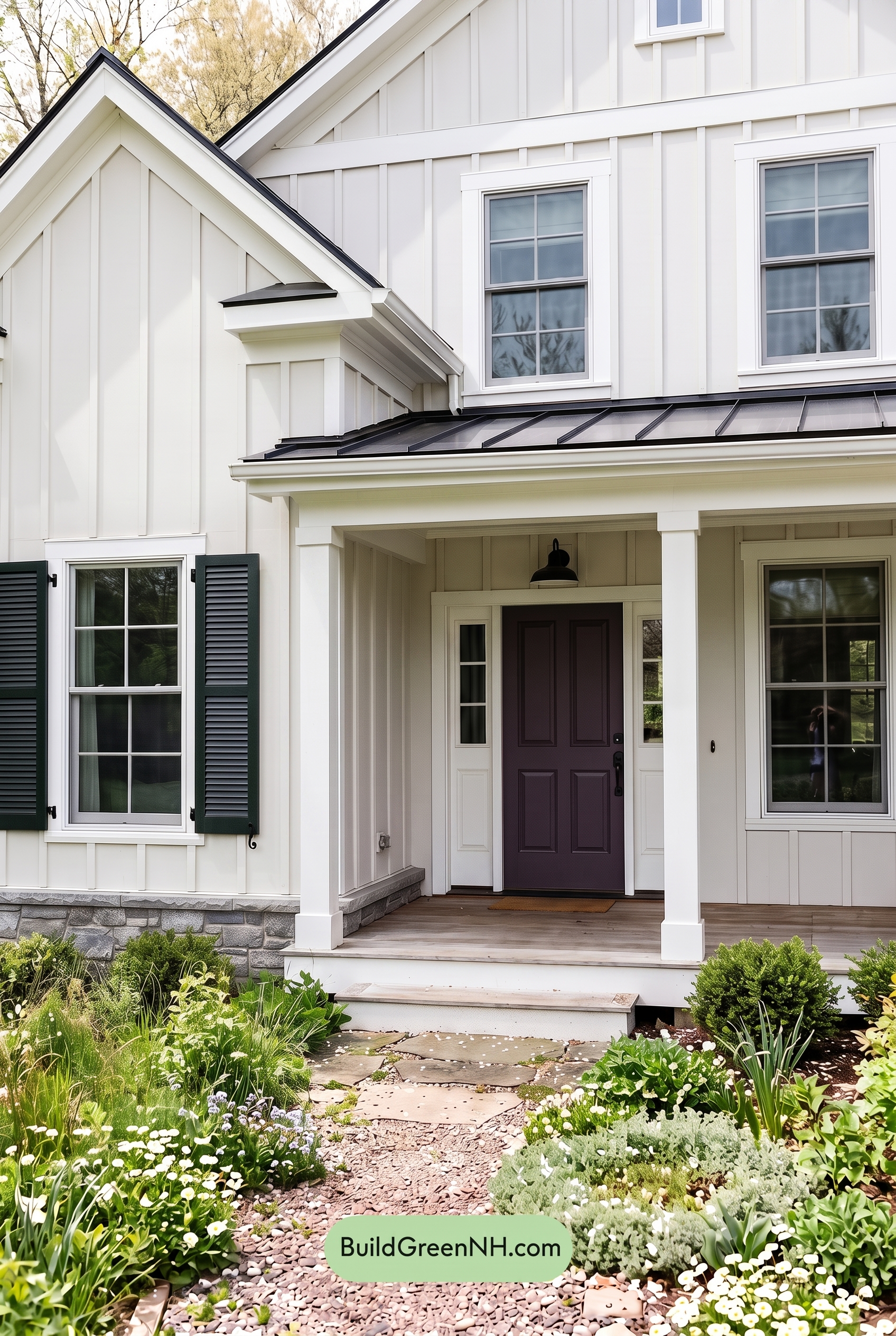 Off White Farmhouse Exterior Color Scheme: Pearl Black Meadow - Overcast