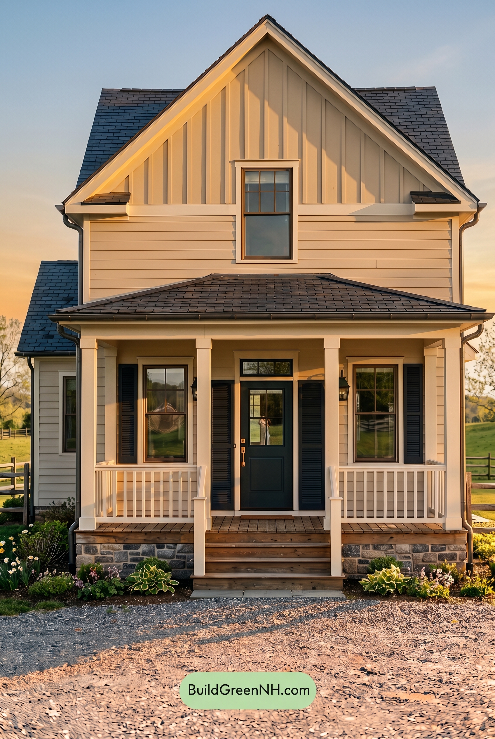 Off White Farmhouse Exterior Color Scheme: Shell Midnight Bronze - Golden Hour