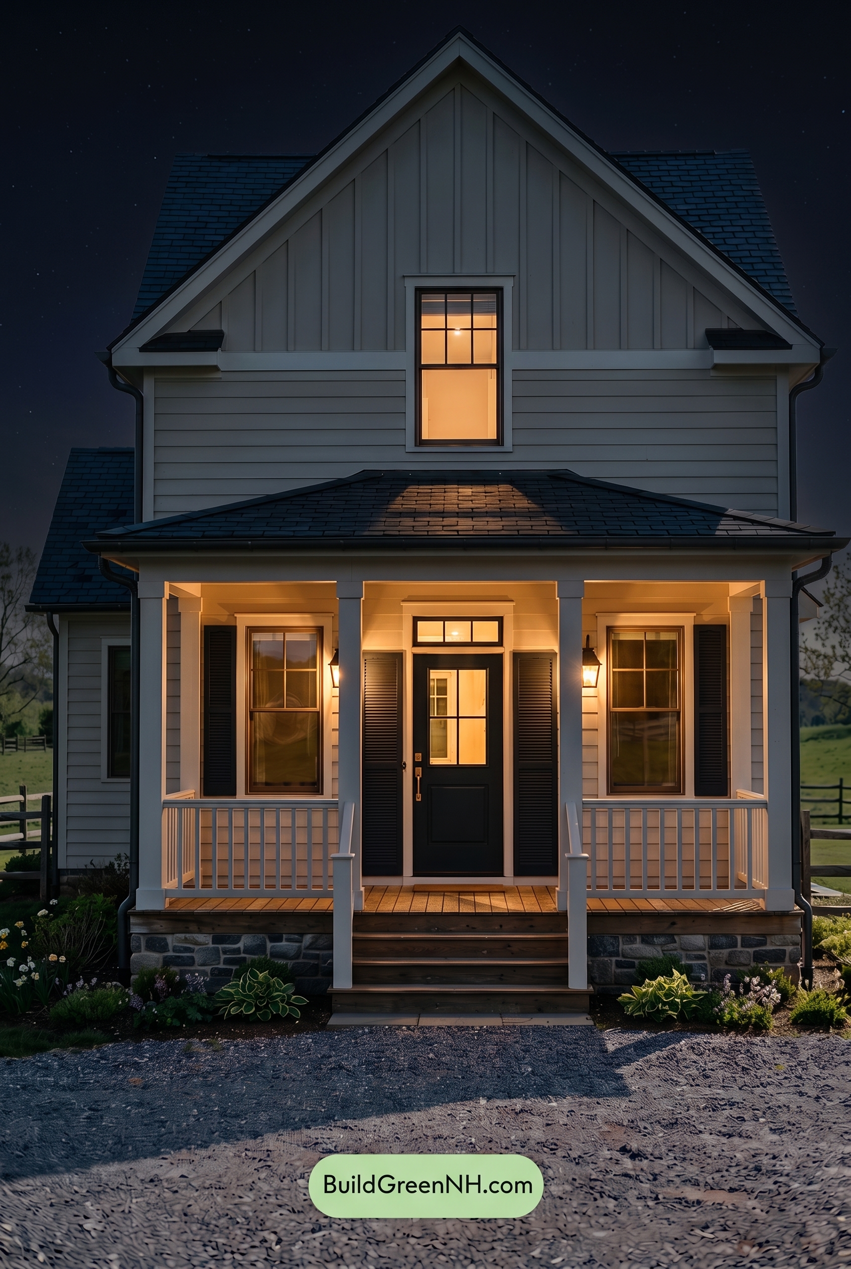 Off White Farmhouse Exterior Color Scheme: Shell Midnight Bronze - Nighttime