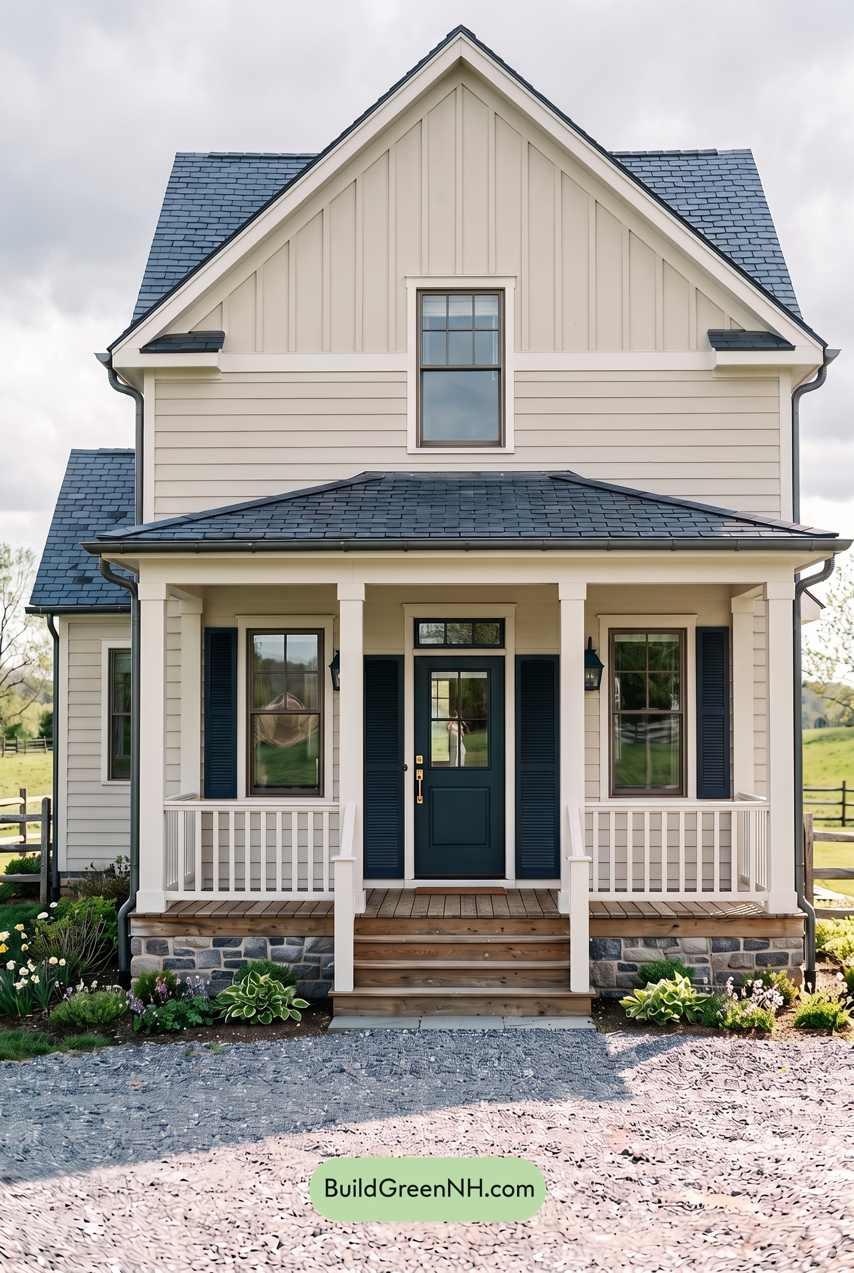 Off White Farmhouse Exterior Color Scheme: Shell Midnight Bronze - Overcast