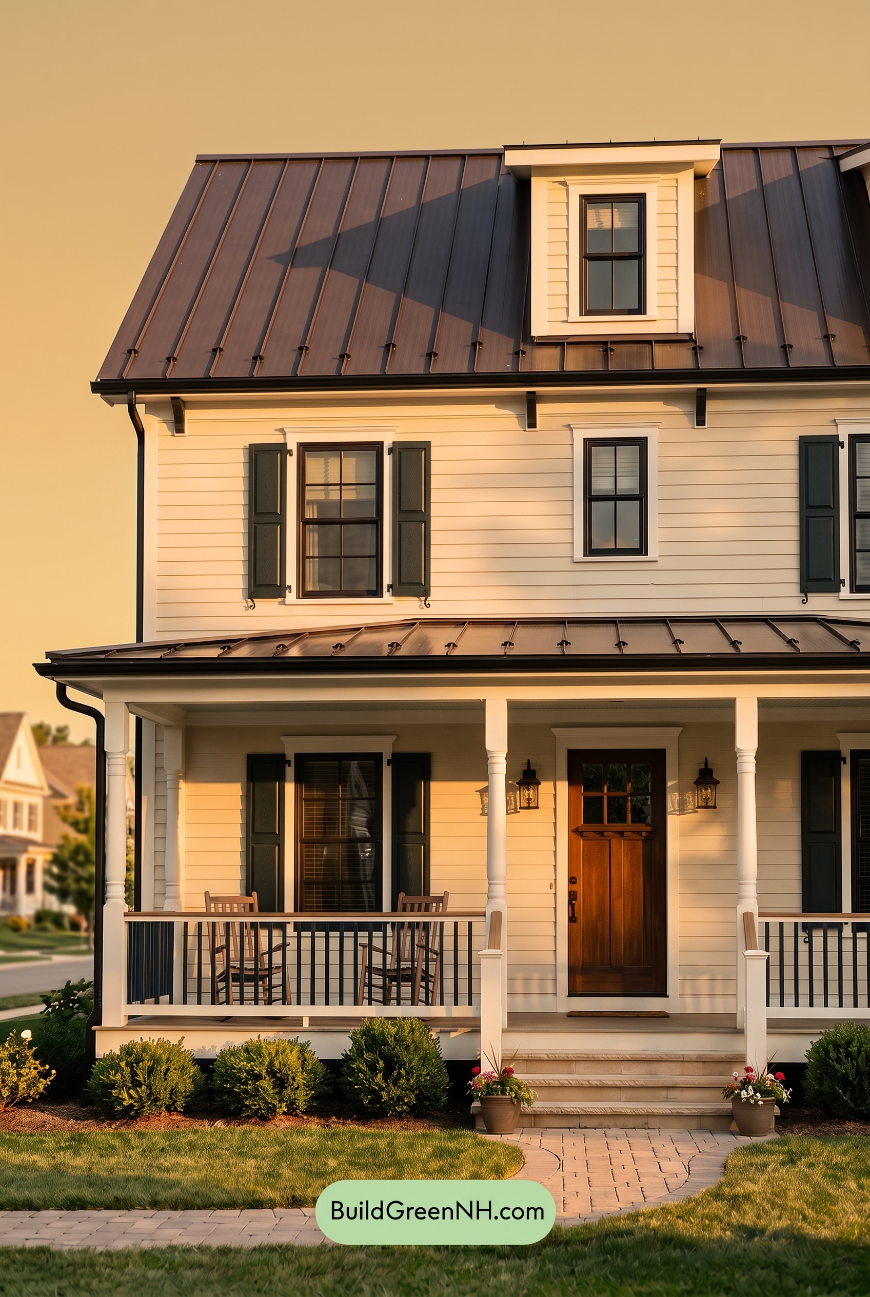 Off White Farmhouse Exterior Color Scheme: Vanilla Black Copper - Golden Hour