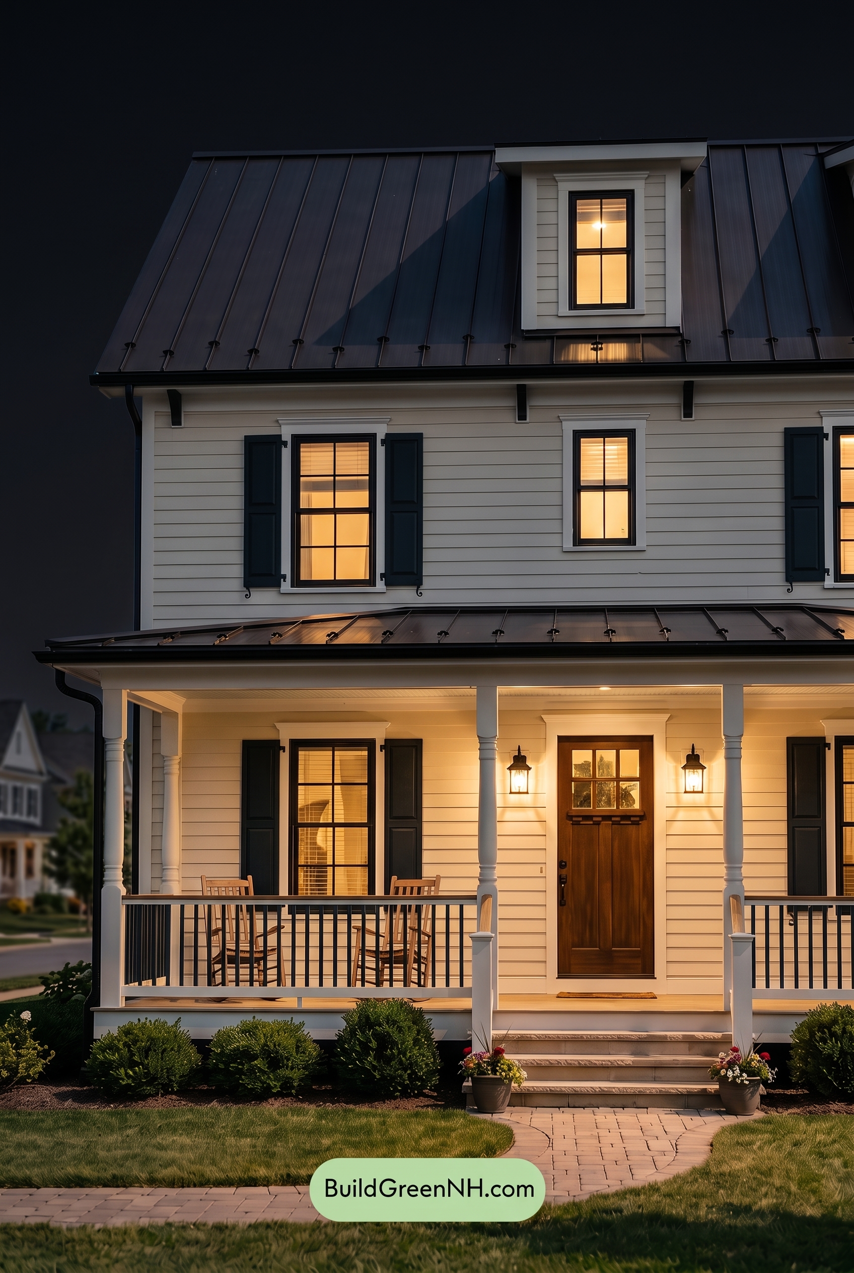 Off White Farmhouse Exterior Color Scheme: Vanilla Black Copper - Nighttime