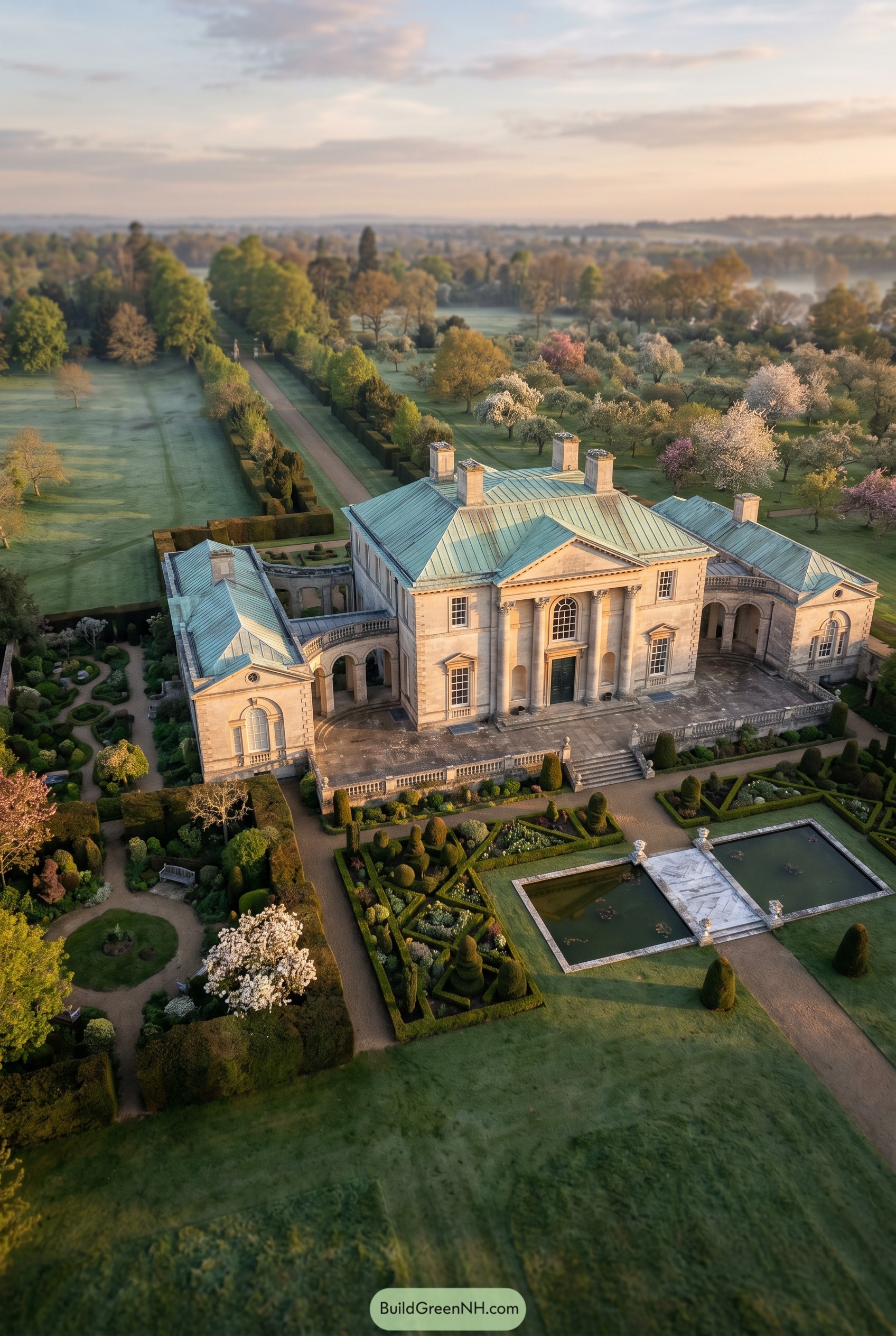 Neoclassical stone mansion with formal pools and orchards