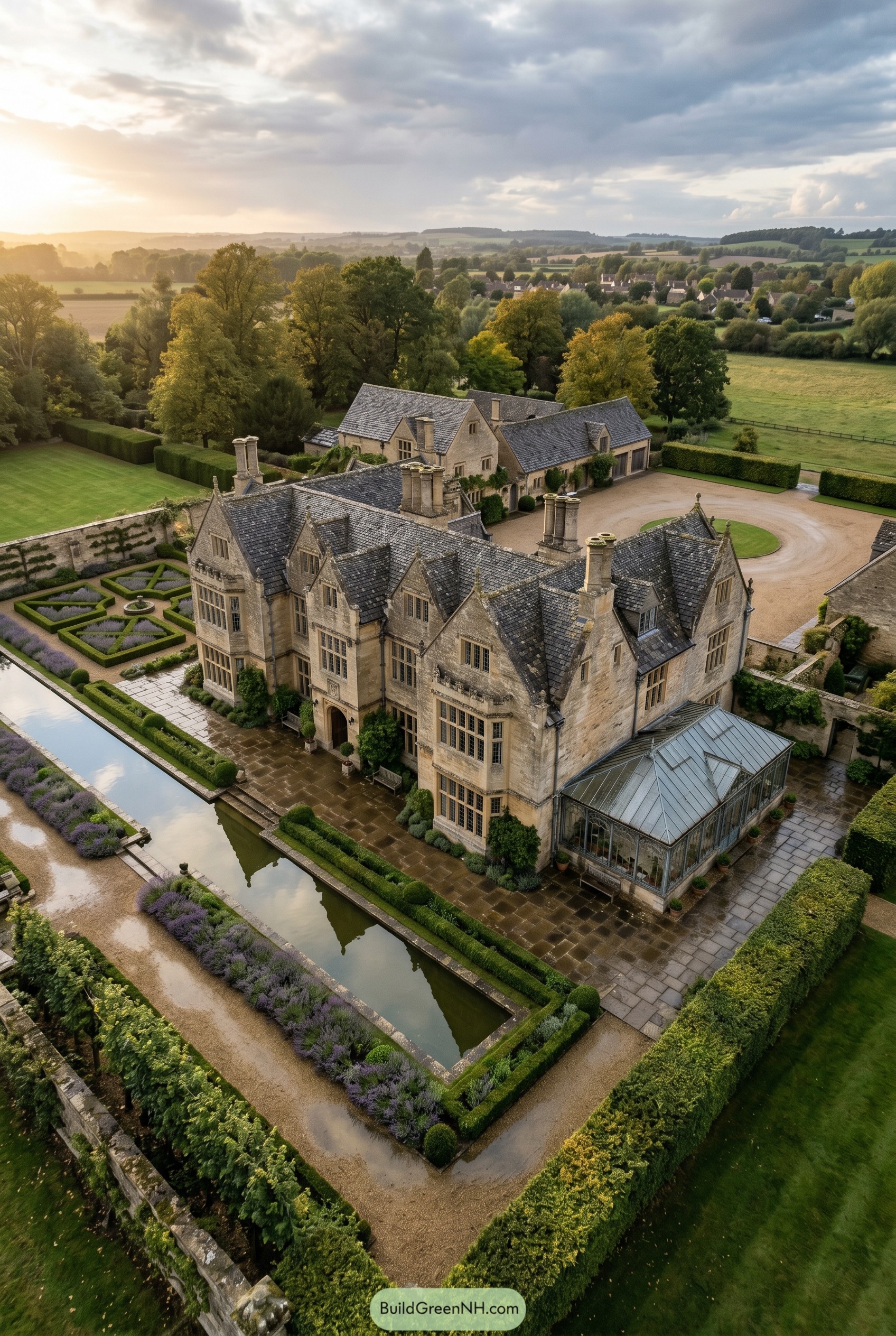 Aerial view of stone manor with formal rill garden