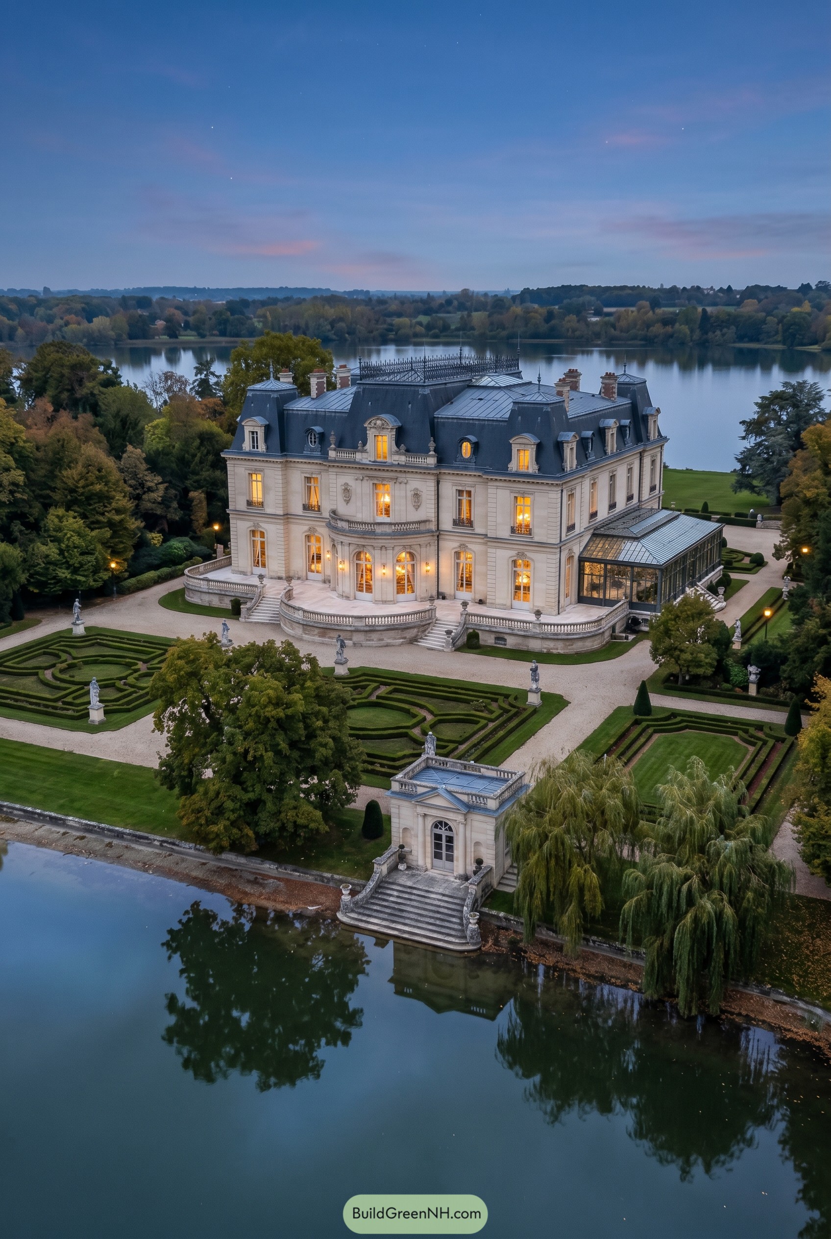 French manor with parterre gardens beside a lake