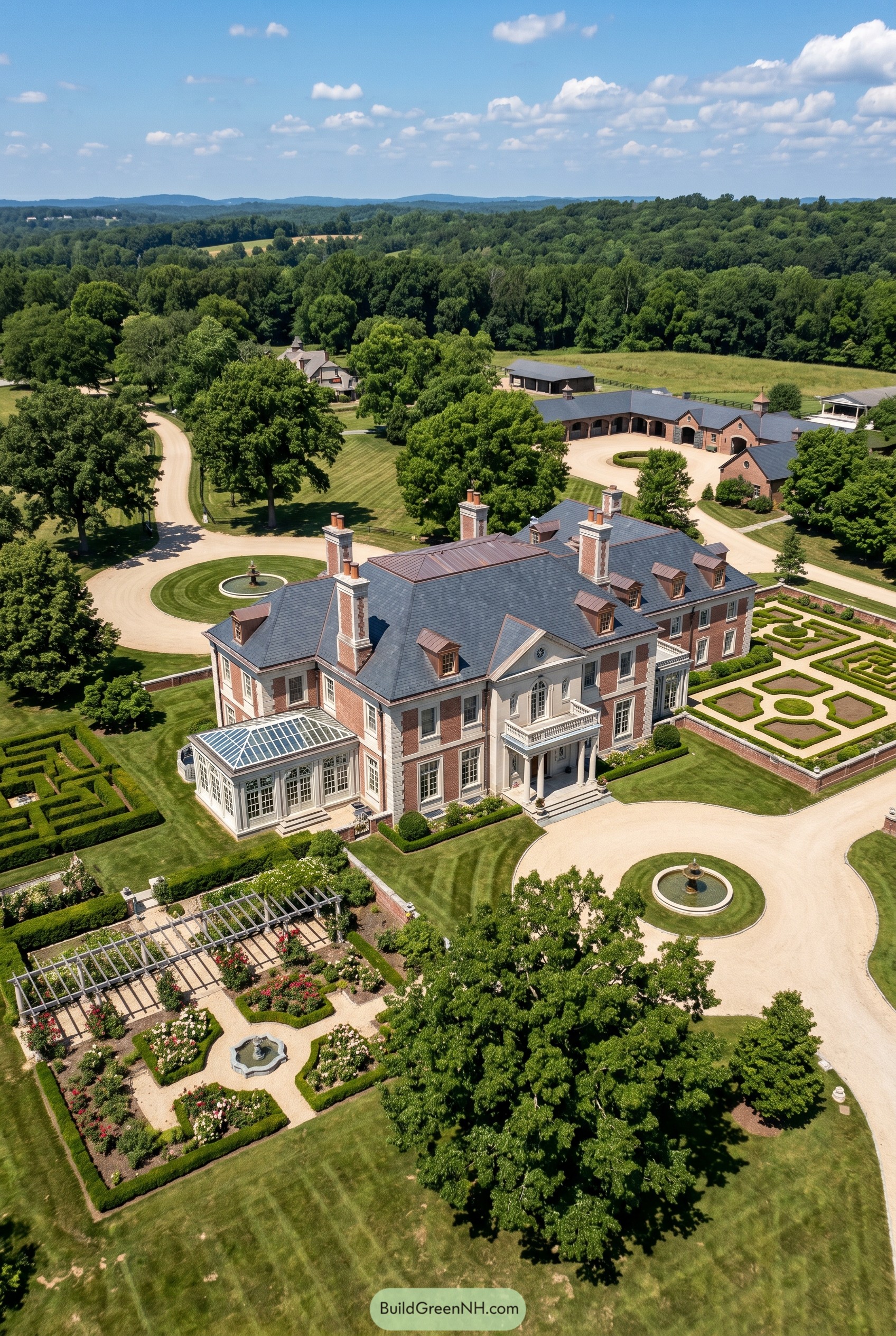 Aerial view of a brick manor with formal gardens
