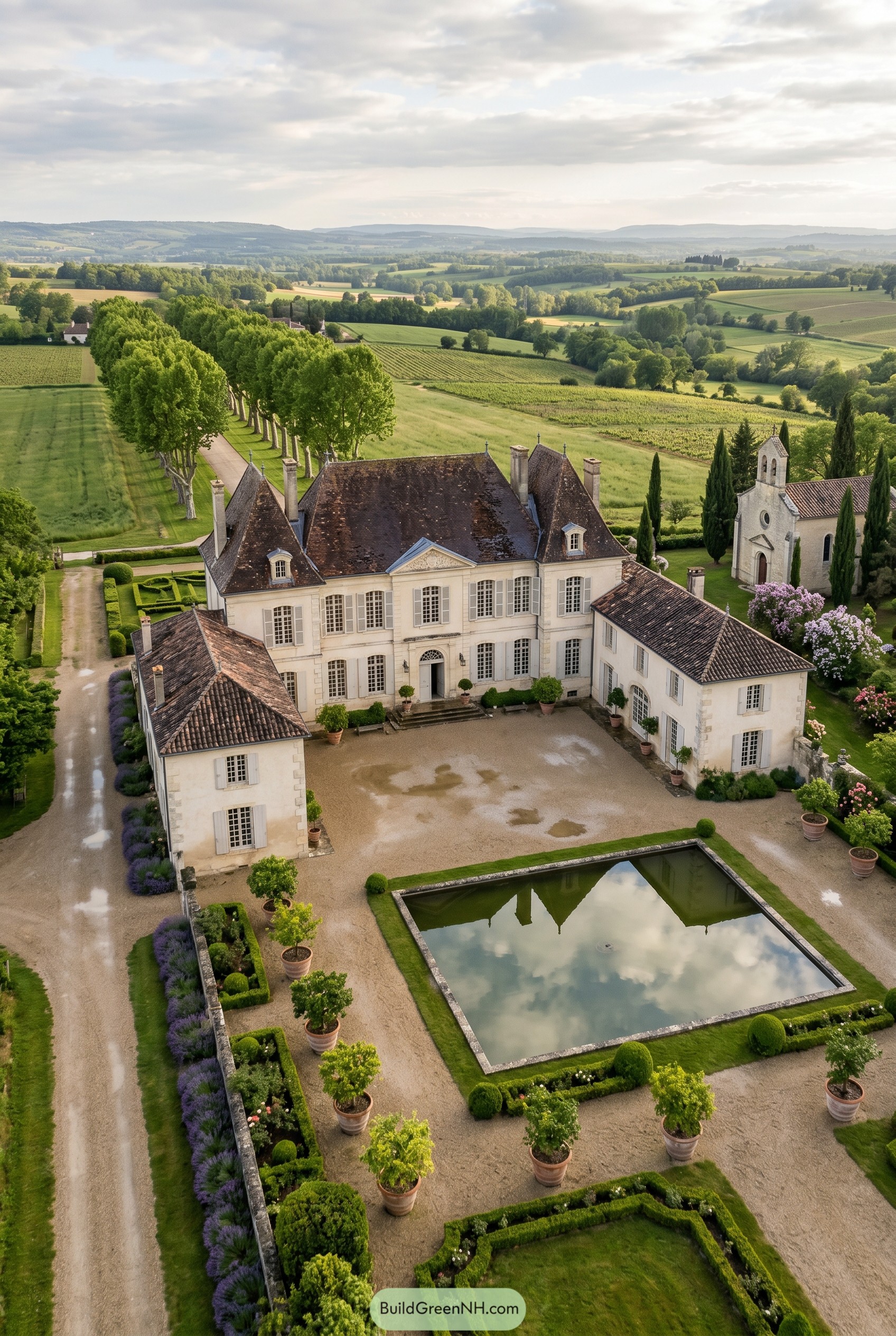 French country manor with chapel and reflecting pond