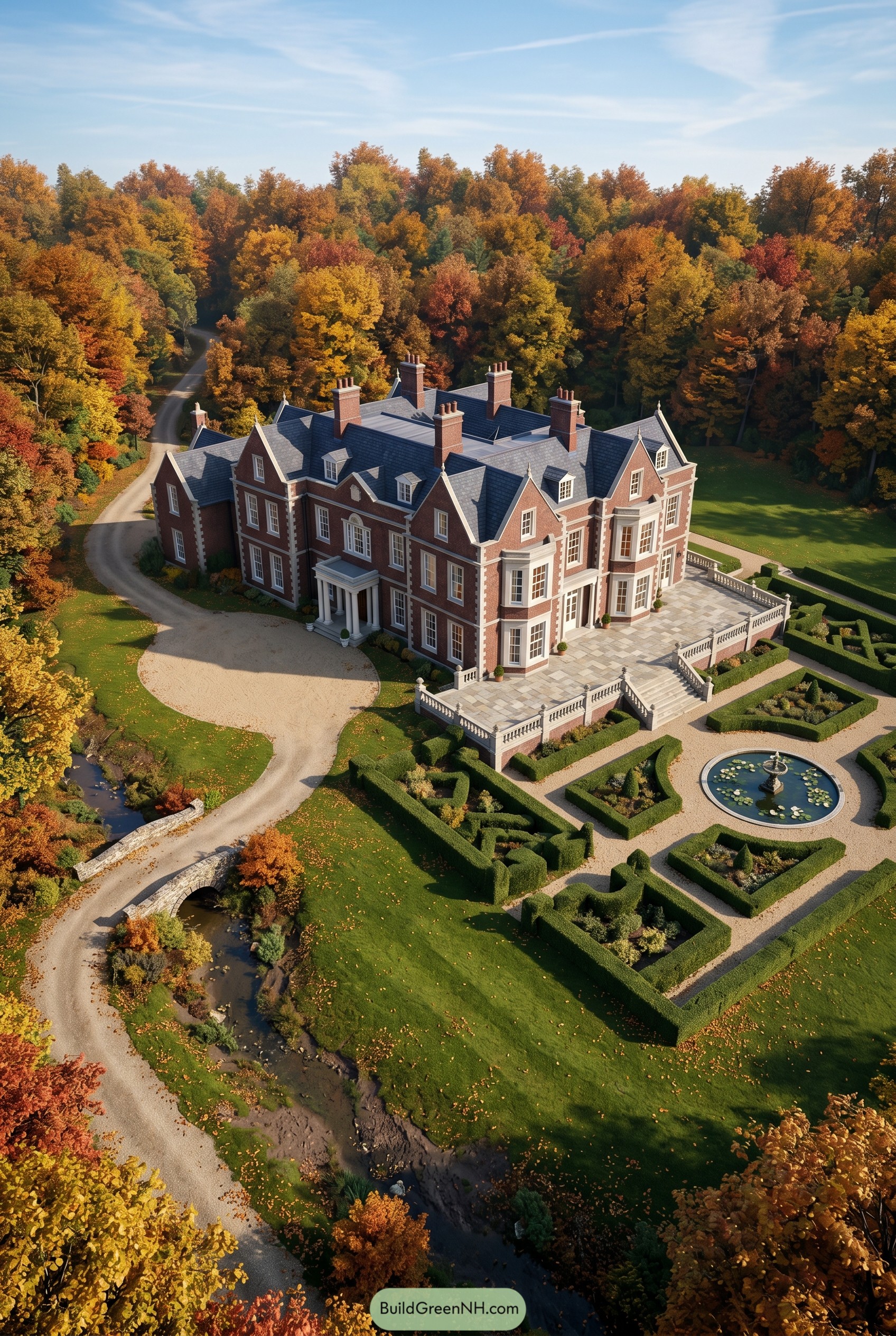 Red brick manor with parterre garden and stone bridge