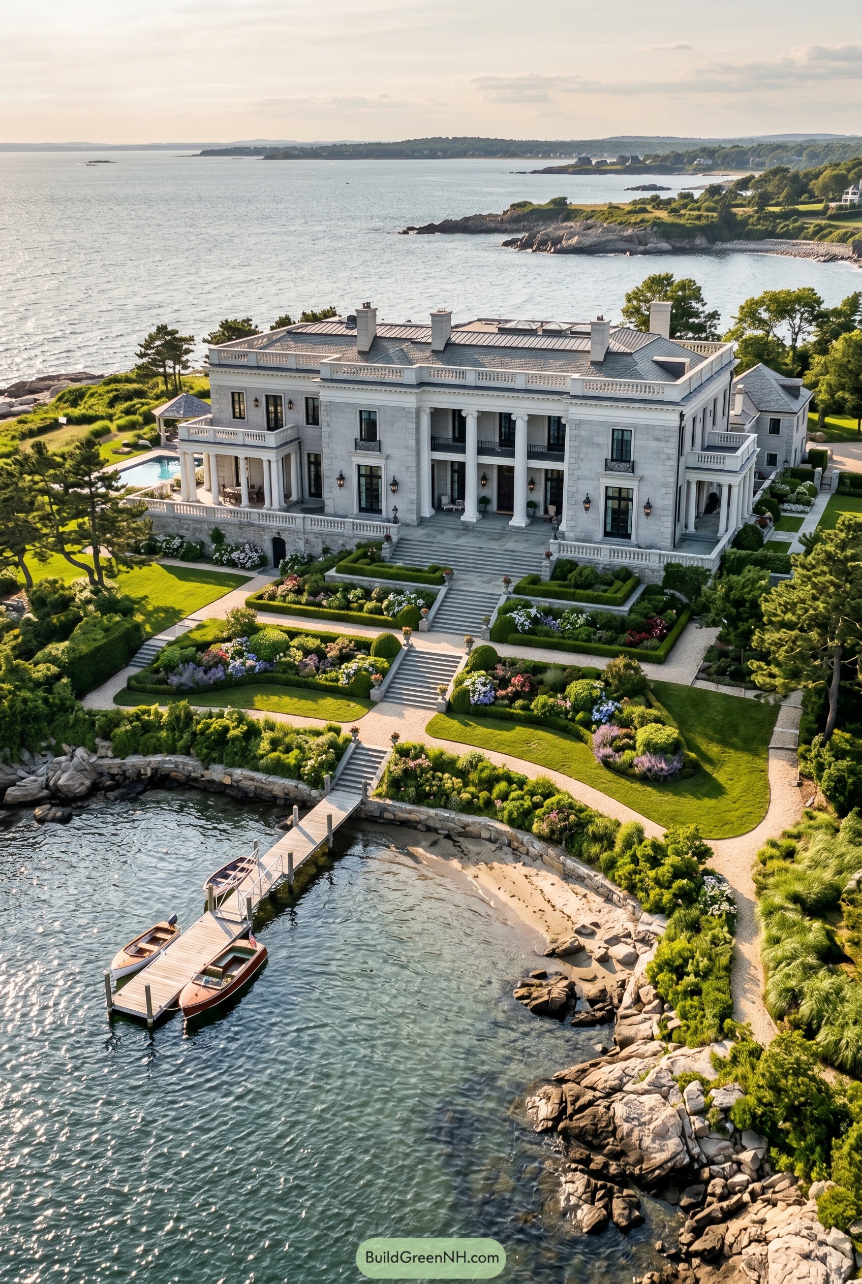 Coastal stone mansion with formal gardens and dock
