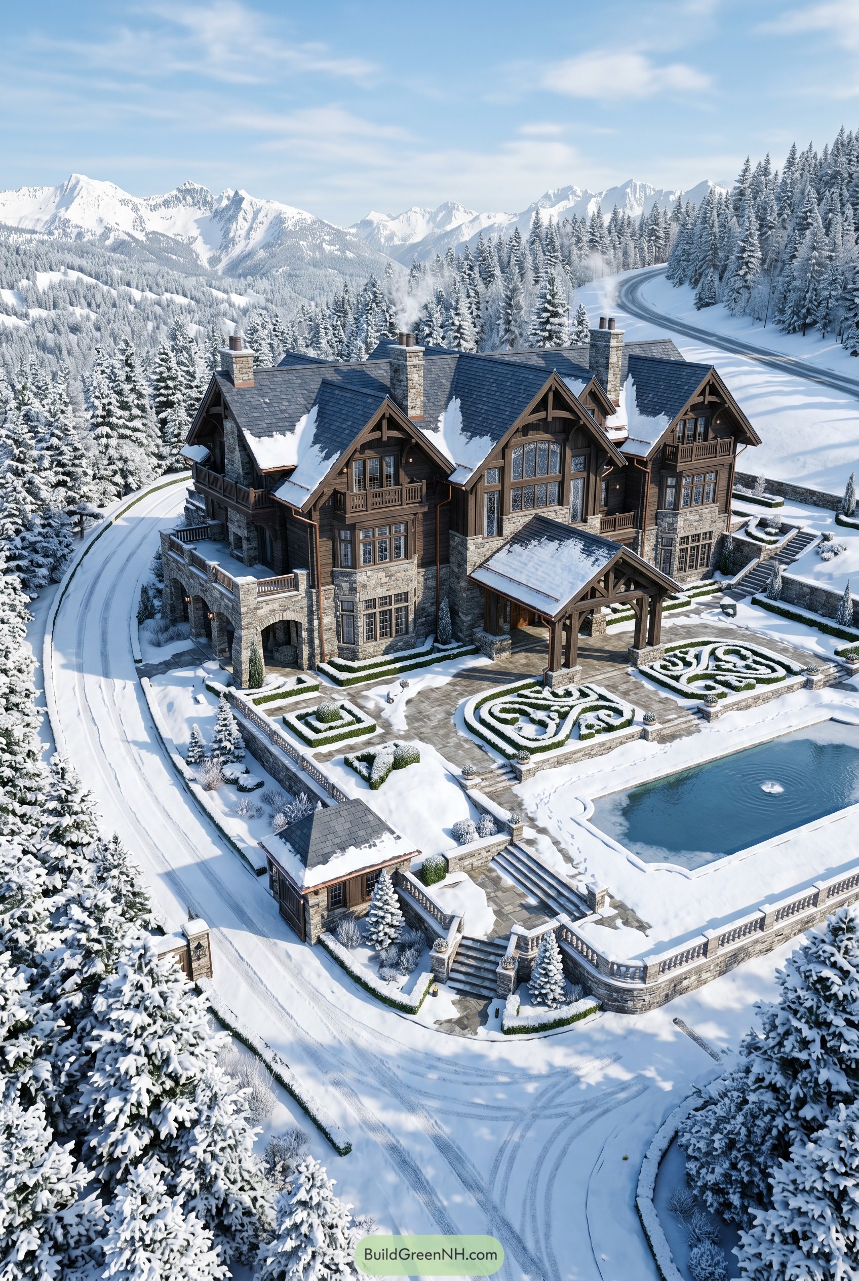 Snowy mountain manor with formal pool terrace