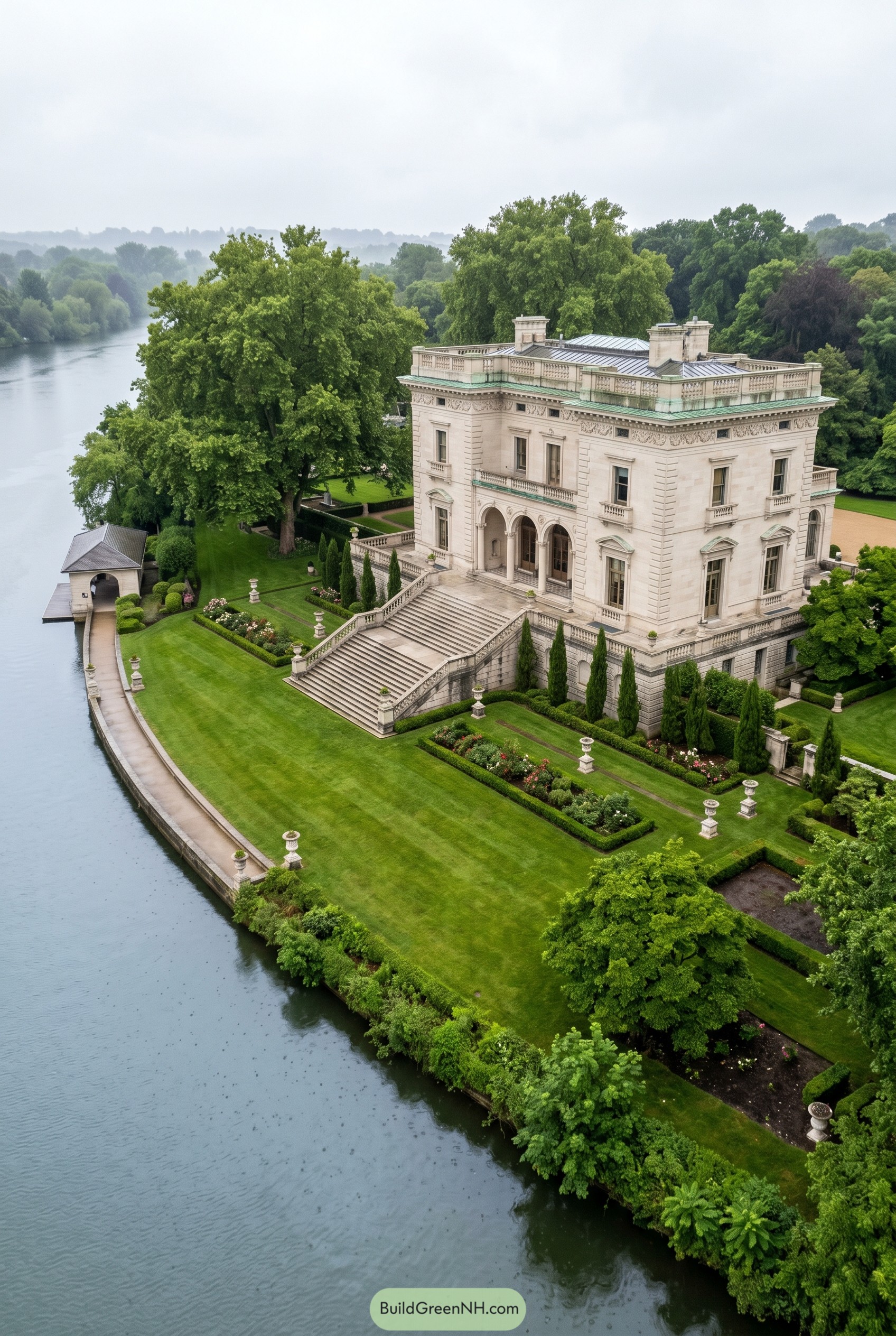 Stone riverside mansion with formal lawns