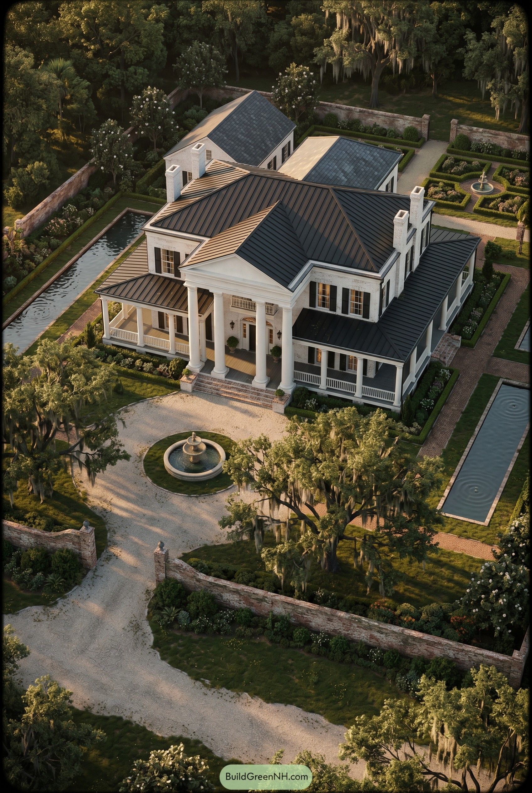 White columned mansion with formal pools and gardens