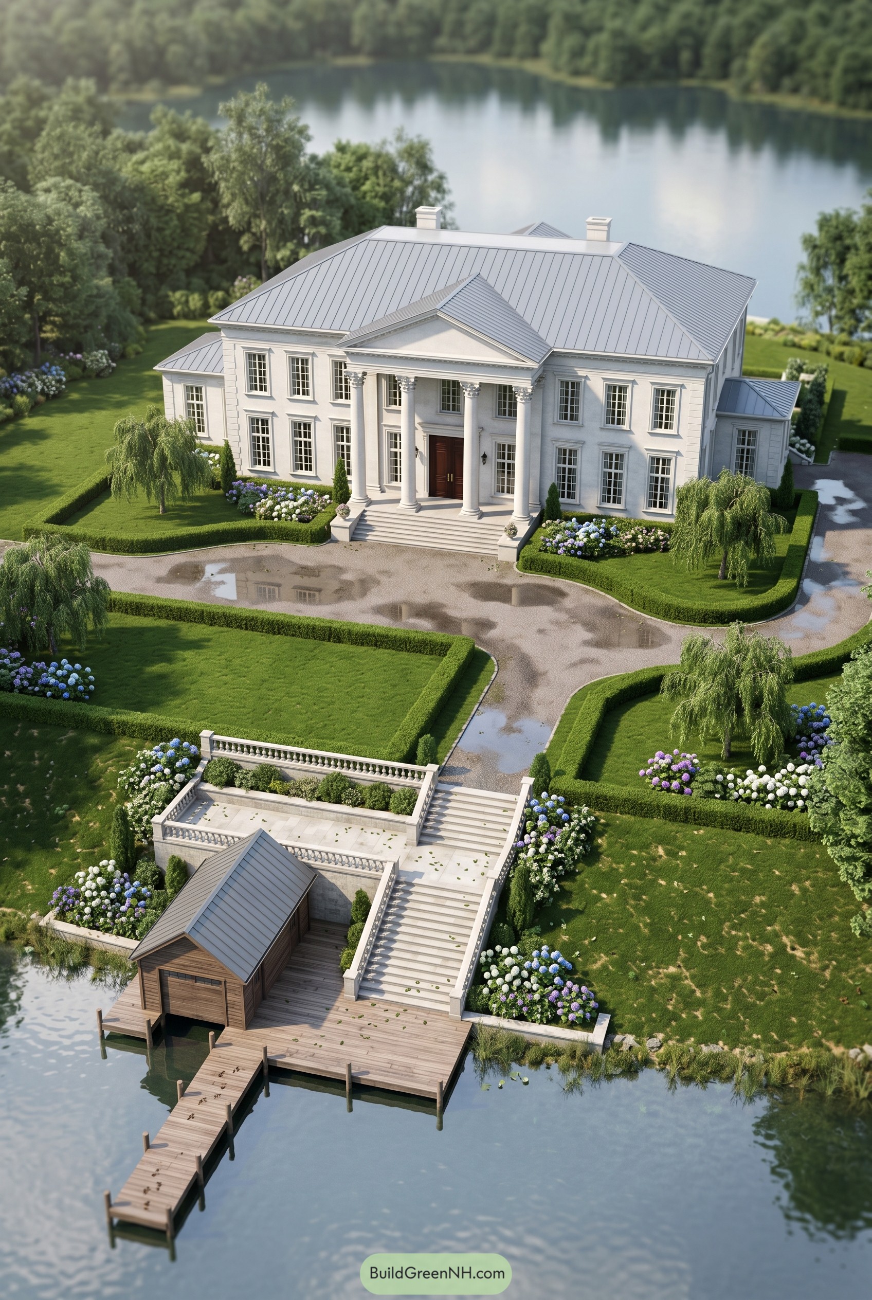 White neoclassical mansion with dock and boathouse