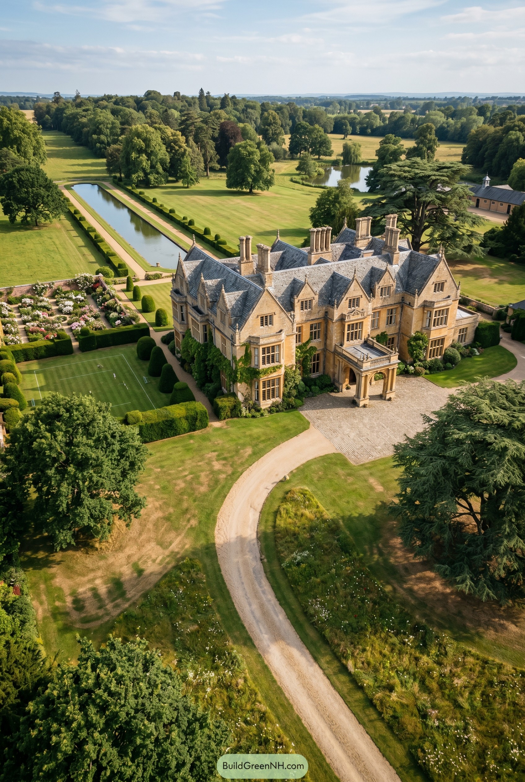 Stone Jacobean manor with long formal canal