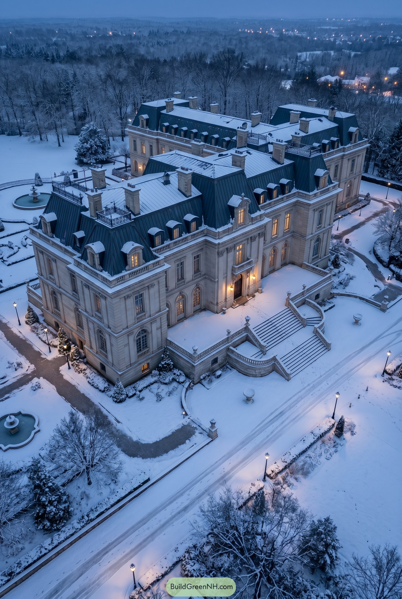 Grand limestone mansion with mansard roofs in snow