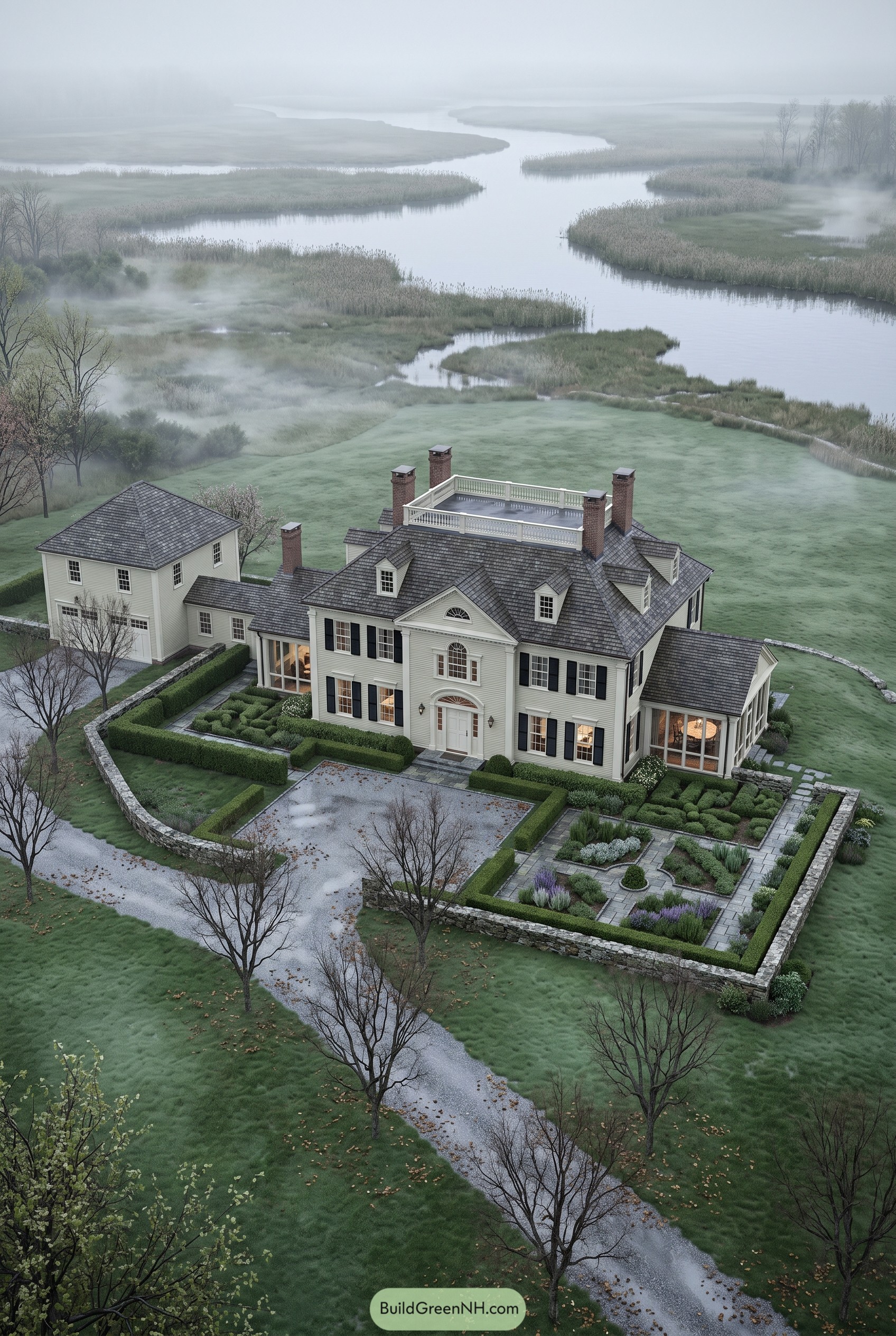 Colonial mansion with walled garden beside marsh
